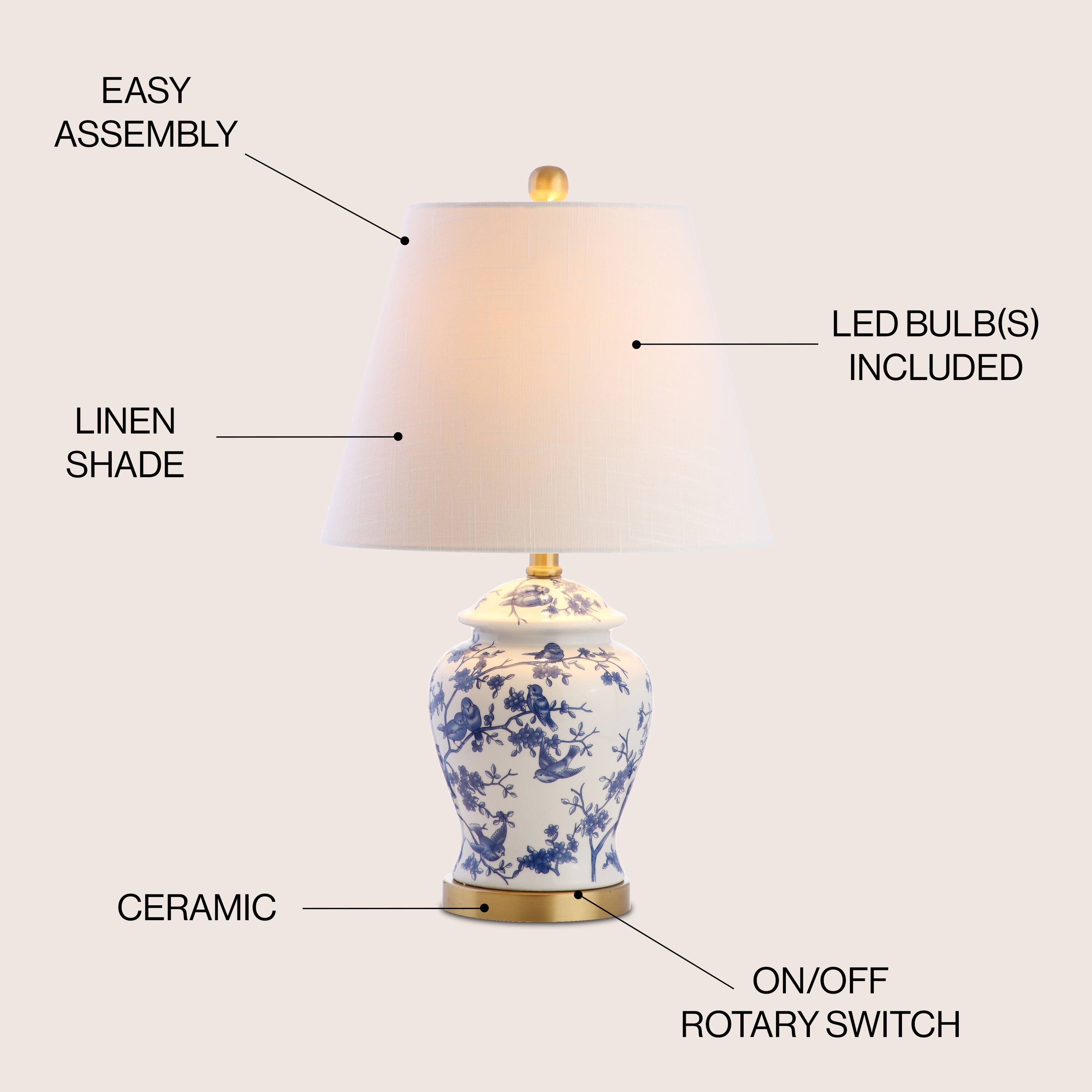 EASY ASSEMBLY  
LINEN SHADE  
LED BULB(S) INCLUDED  
CERAMIC  
ON/OFF ROTARY SWITCH