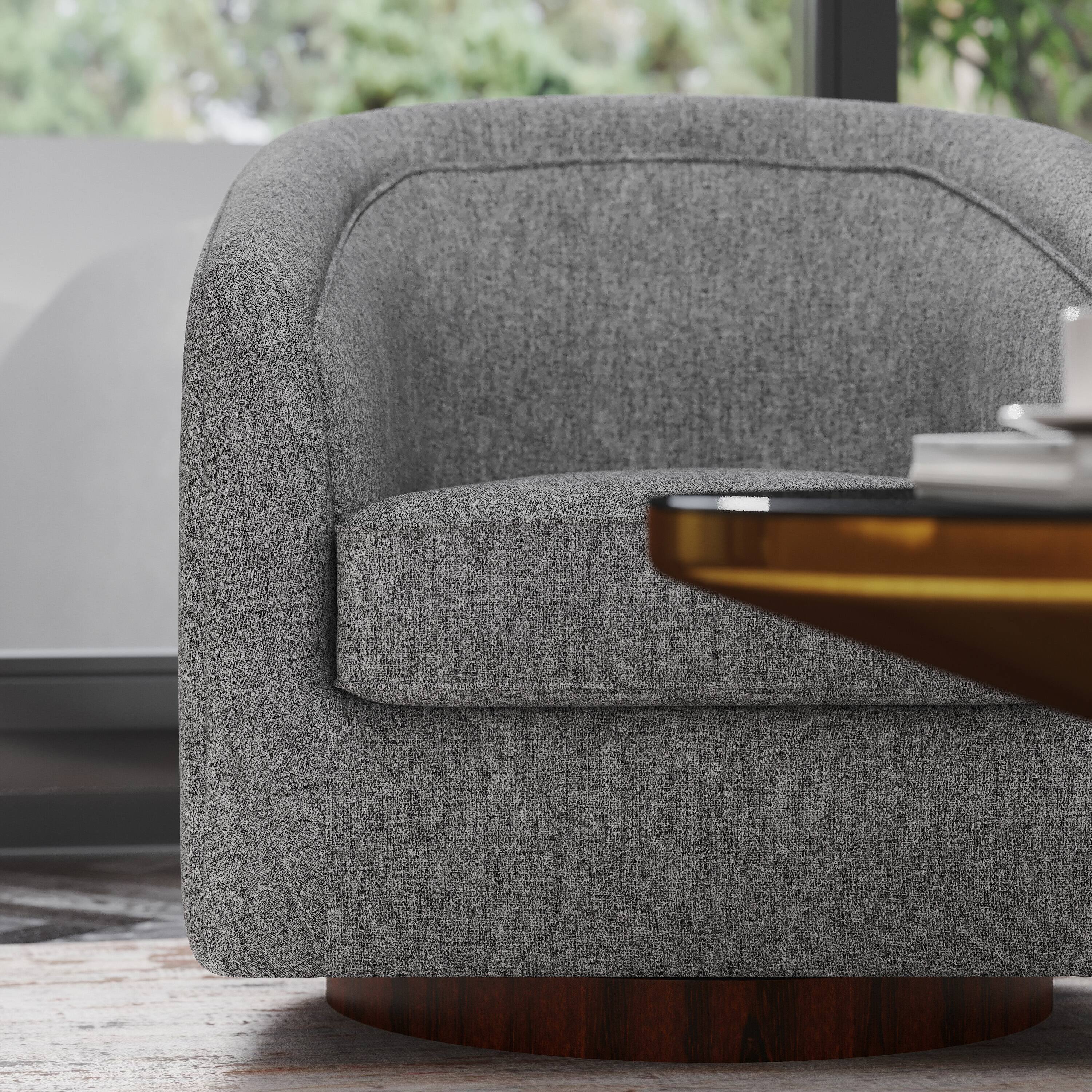 Alt View 4. Emma + Oliver - Della Club Style Barrel Accent Chair with 360 Degree Swivel Brushed Gold Vinyl Wrapped Base and Sloped Armrests - Gray.