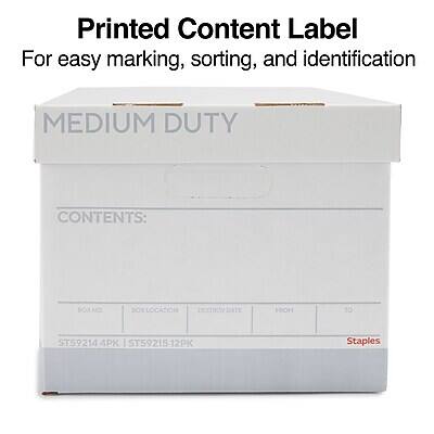 Printed Content Label  
For easy marking, sorting, and identification  

MEDIUM DUTY  

CONTENTS:  
BOX NO. | BOX LOCATION | DESTROY DATE | FROM | TO  
ST59214 4PK | ST59215 12PK  

Staples