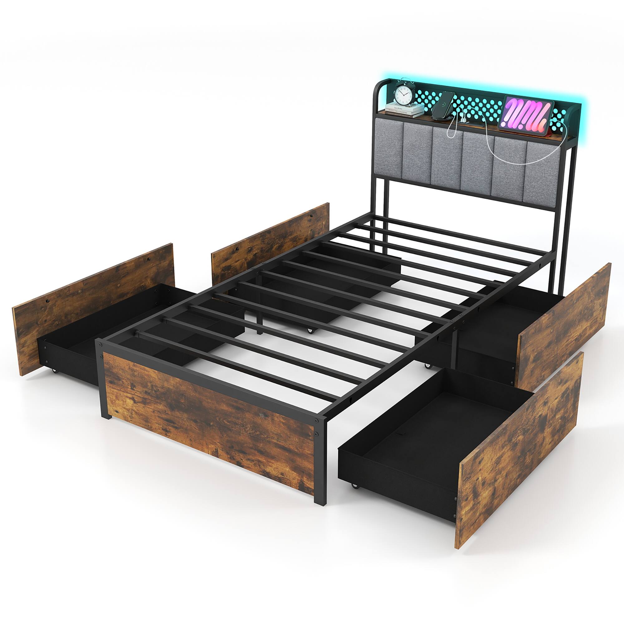 Alt View 1. Gymax - Gymax LED Bed Frame Twin Size w/ Charging Station Upholstered Headboard 4 Drawers - Rustic Brown, Black.