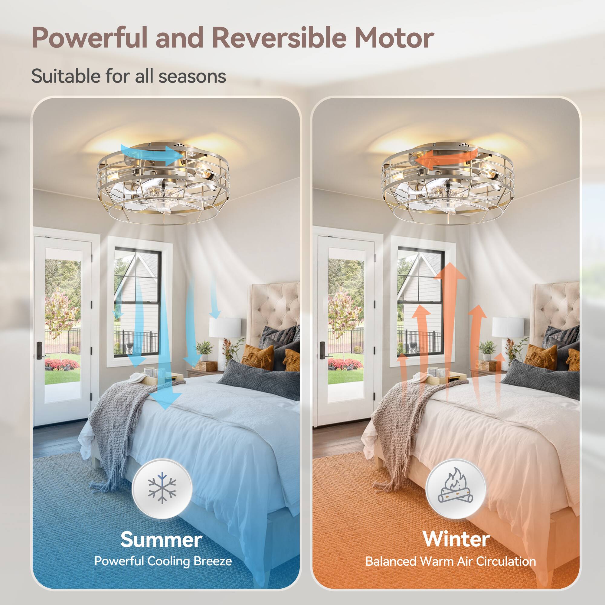 Powerful and Reversible Motor
Suitable for all seasons
Summer
Powerful Cooling Breeze
Winter
Balanced Warm Air Circulation