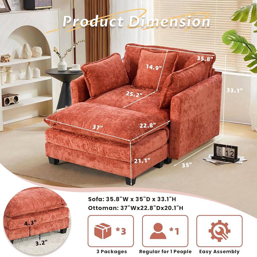 Product Dimension

Sofa: 35.8"W x 35"D x 33.1"H  
Ottoman: 37"W x 22.8"D x 20.1"H

3 Packages  
Regular for 1 People  
Easy Assembly