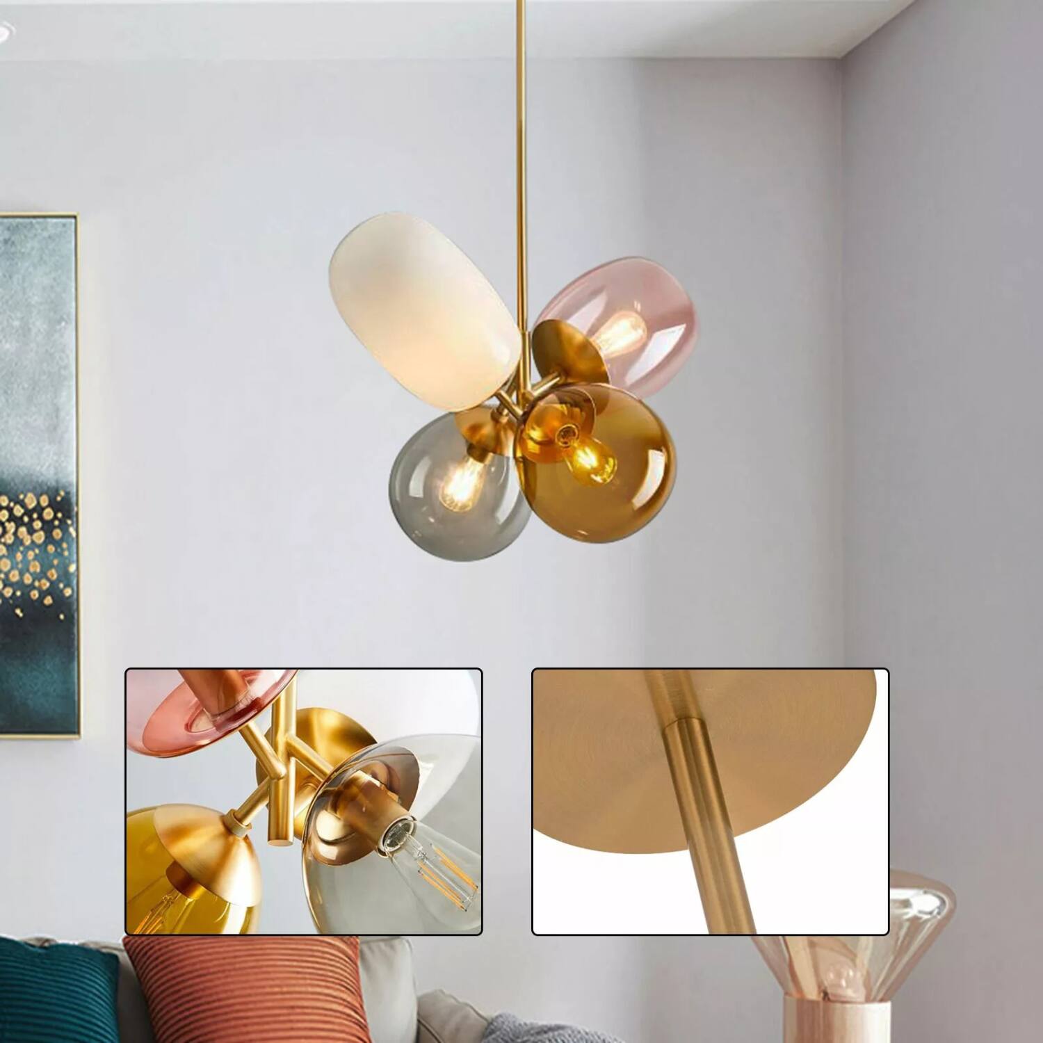 Left. Stock Preferred - Fashionable Colored Glass Ball LED Pendant Lamp Chandelier Ceiling Lighting - Clear.