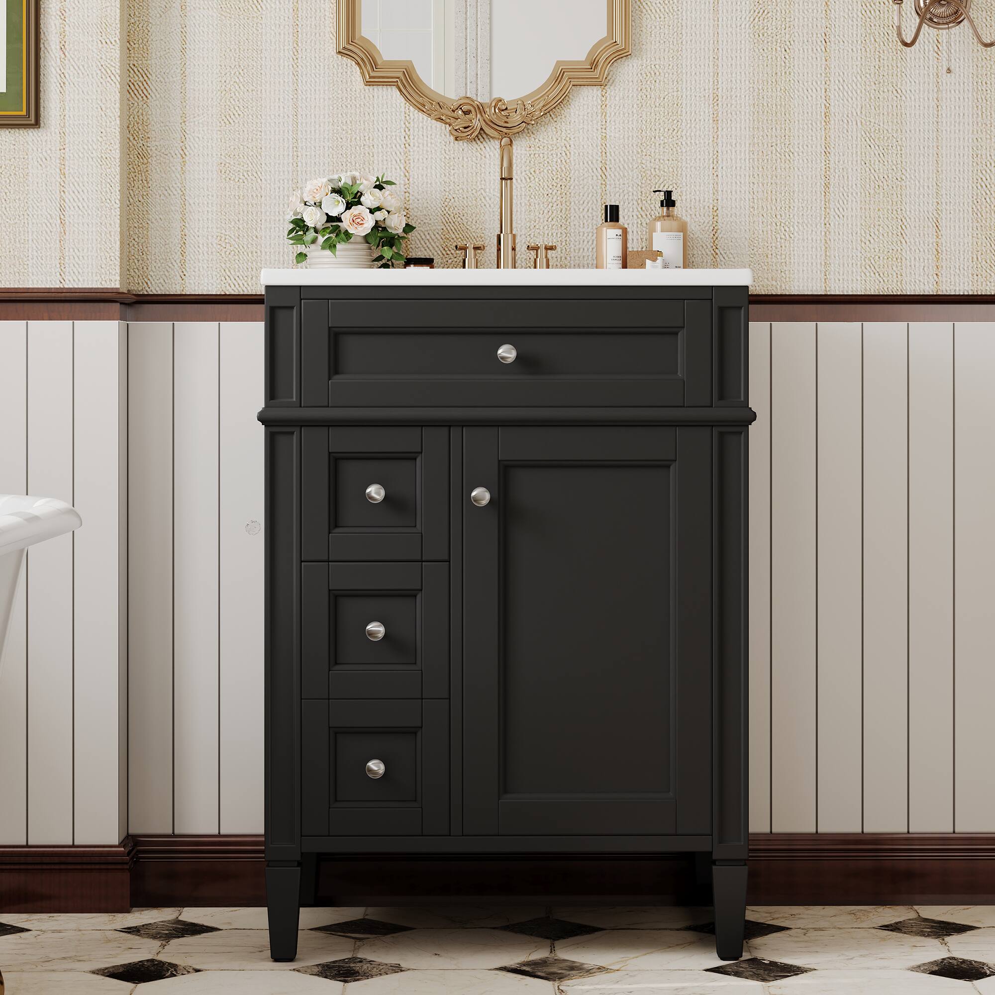Angle. Whisen - 24" Bathroom Vanity with Ceramic Sink Top and 3 Drawers Modern Single Sink Storage Cabinet - Black.