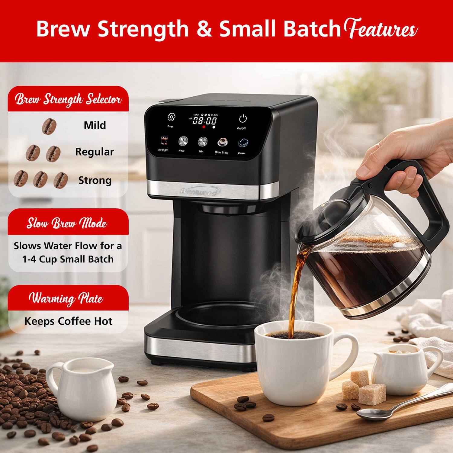 Brew Strength & Small Batch Features

Brew Strength Selector
- Mild
- Regular
- Strong

Slow Brew Mode
- Slows Water Flow for a 1-4 Cup Small Batch

Warming Plate
- Keeps Coffee Hot