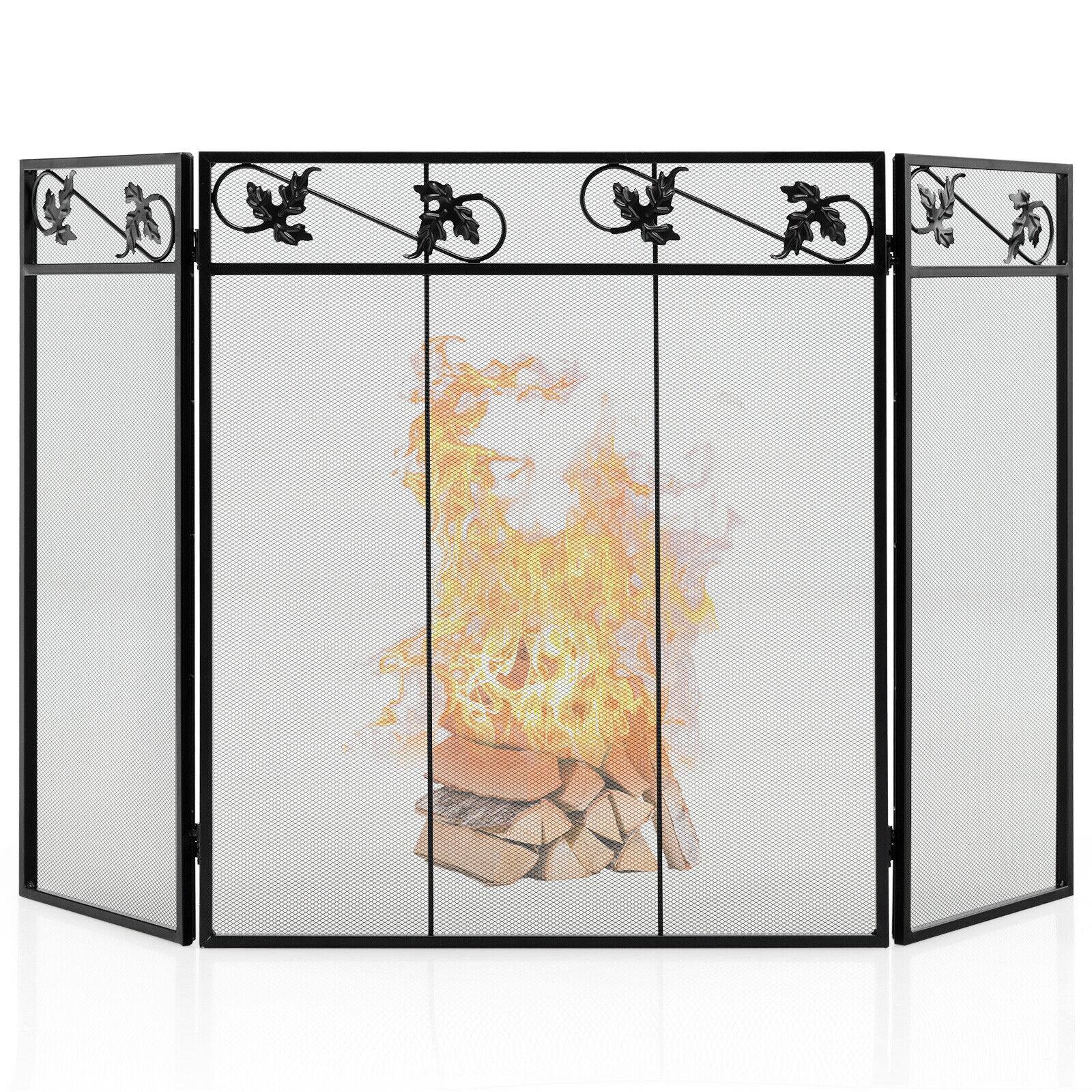 Front. Ecooso - 3-Panel Fireplace Screen Spark Guard with Decorative Pattern for Home Fireplaces - Black.