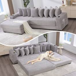 TinyHomie - 110.75in Modular L-Shaped Sofa Corduroy Fabric Sectional Couch With movable footstool Cup Holders Bring 8 throw pillows - Light Gray