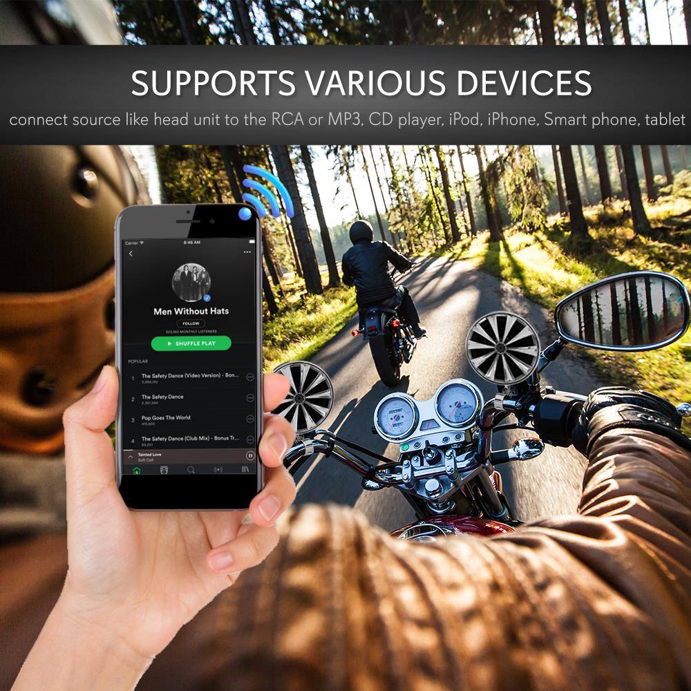 SUPPORTS VARIOUS DEVICES  
connect source like head unit to the RCA or MP3, CD player, iPod, iPhone, Smart phone, tablet  

Men Without Hats  
- The Safety Dance (Video Version) - Bonus  
- The Safety Dance  
- Pop Goes The World  
- The Safety Dance (Club Mix) - Bonus Track  
- Safety Dance (Live)