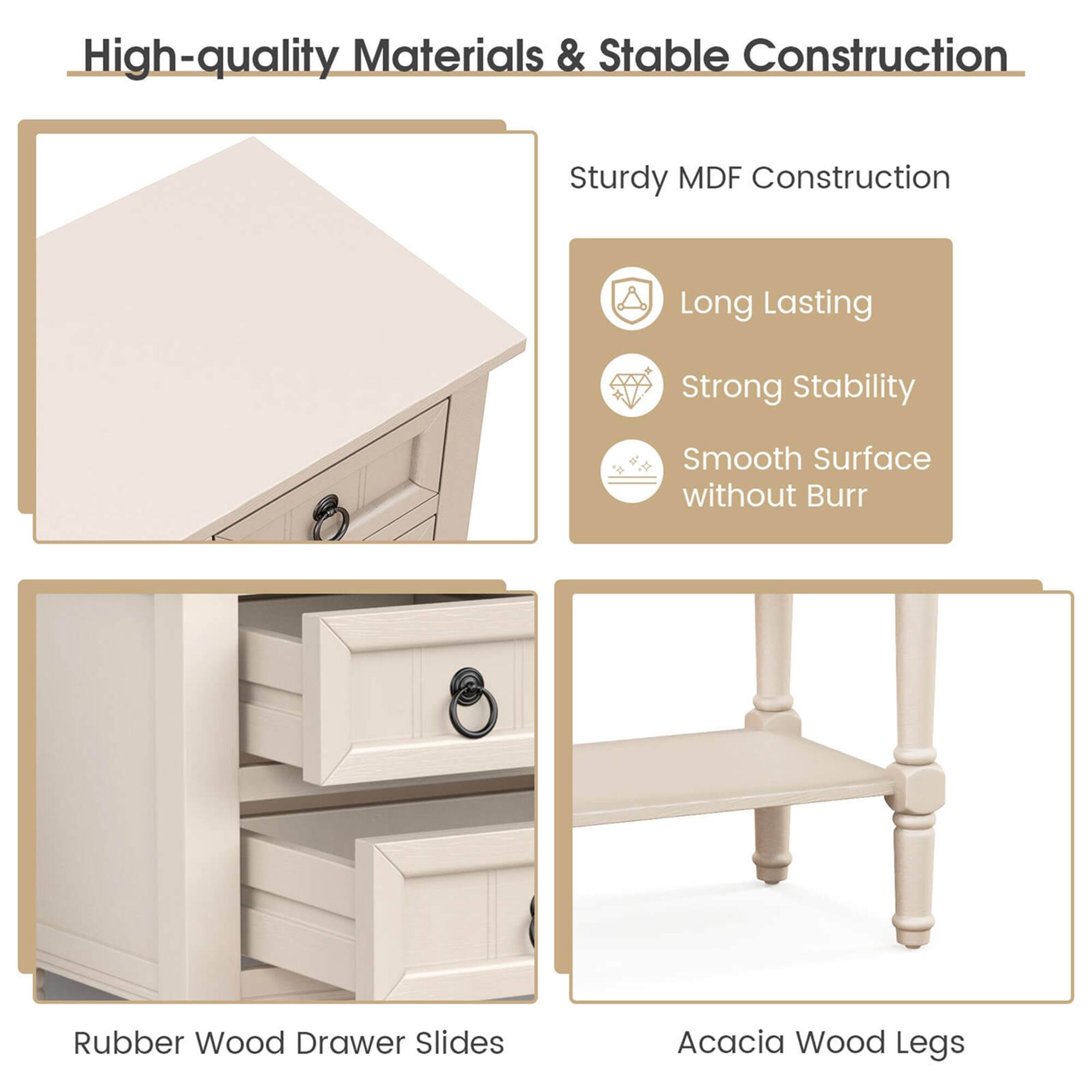 High-quality Materials & Stable Construction

Sturdy MDF Construction

- Long Lasting
- Strong Stability
- Smooth Surface without Burr

Rubber Wood Drawer Slides

Acacia Wood Legs