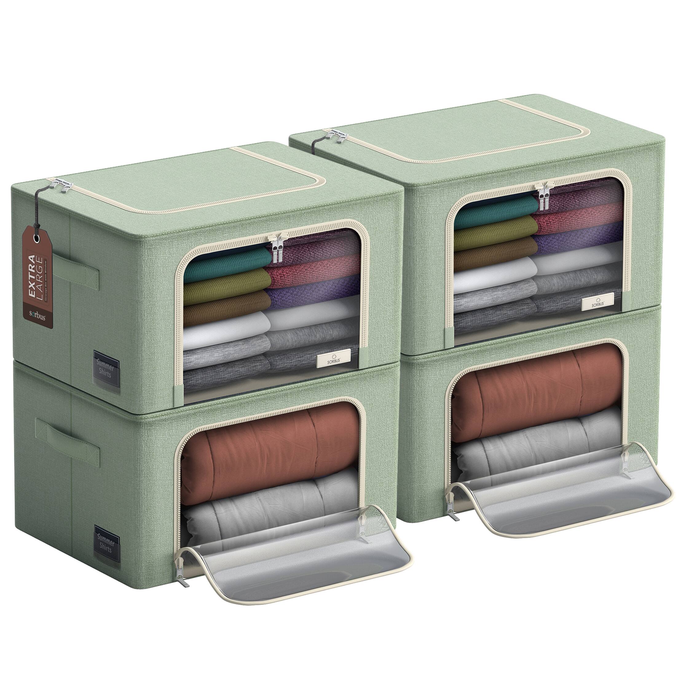 Sorbus - 4 Pack Jumbo Foldable Storage Box - Clear Window & Handles - for Bedding Linen, Clothing & More - Teal