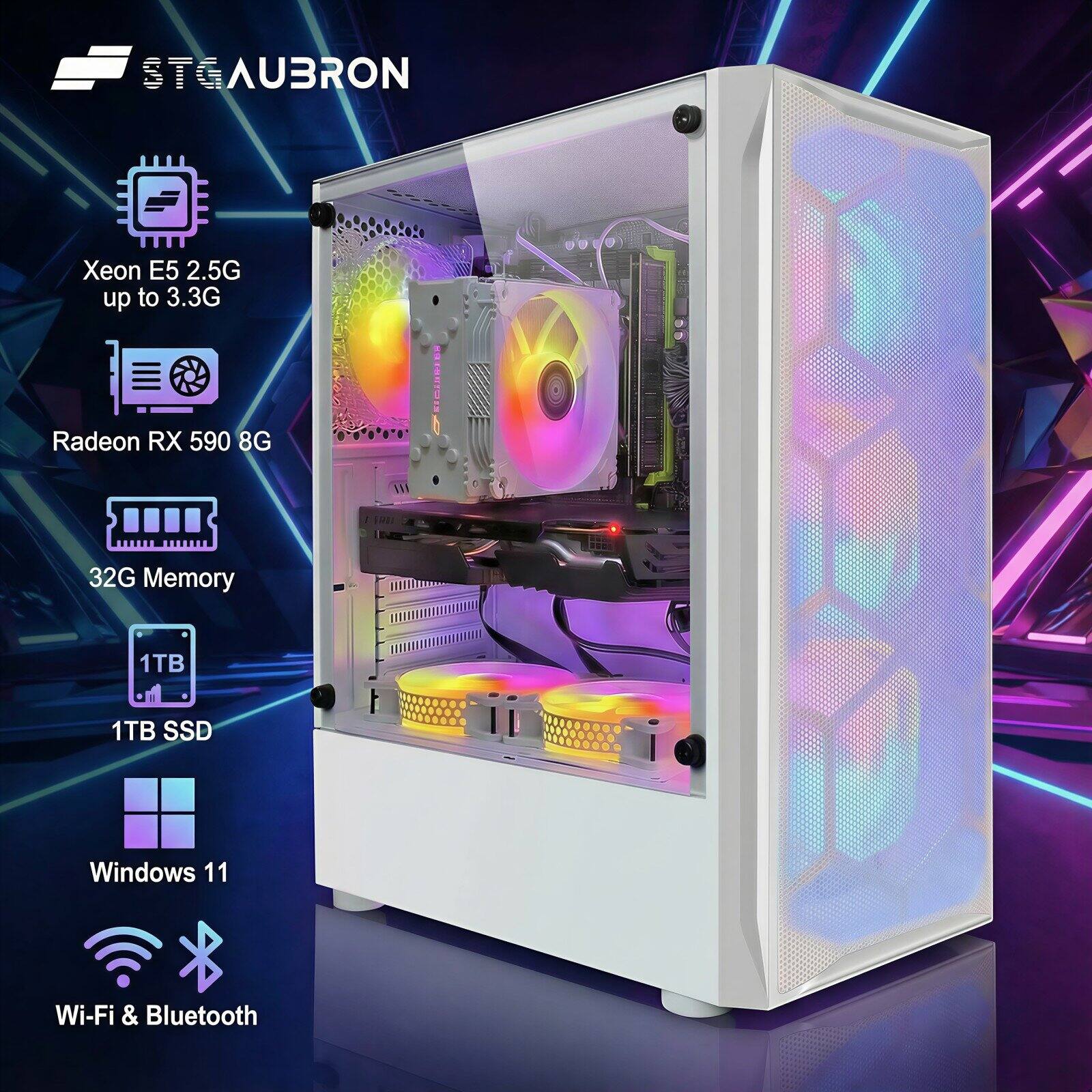 STGAUBRON  
Xeon E5 2.5G up to 3.3G  
Radeon RX 590 8G  
32G Memory  
1TB SSD  
Windows 11  
Wi-Fi & Bluetooth