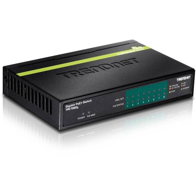 GREEN TRENDNET  
Gigabit PoE+ Switch  
TPE-TG82g  

POWER  
POE MAX  

LINK/ACT  
1 2 3 4 5 6 7 8  

POE STATUS  
1 2 3 4 5 6 7 8