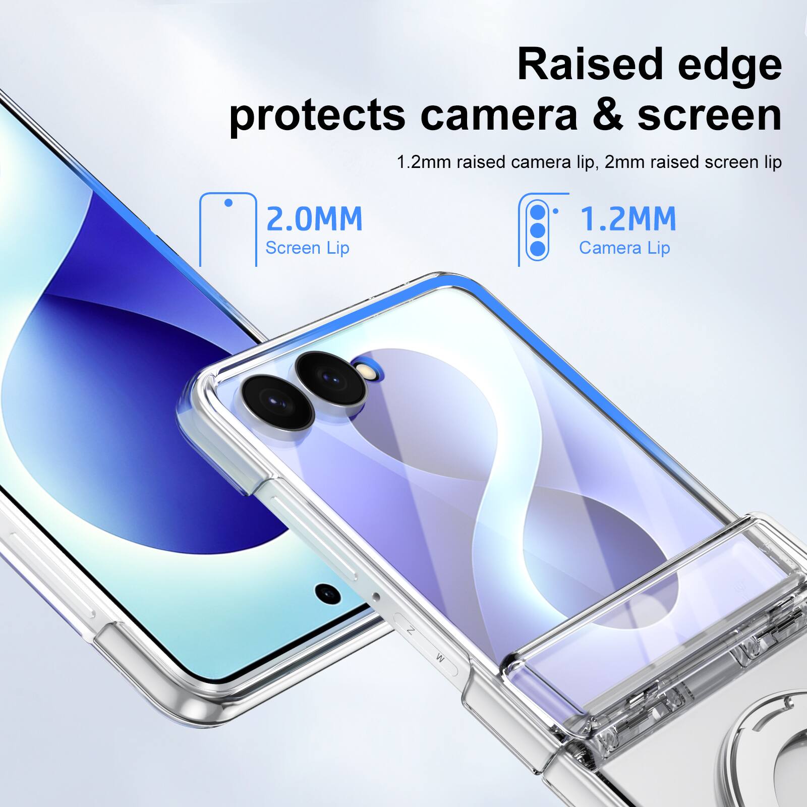 Raised edge protects camera & screen  
1.2mm raised camera lip, 2mm raised screen lip  
2.0MM Screen Lip  
1.2MM Camera Lip