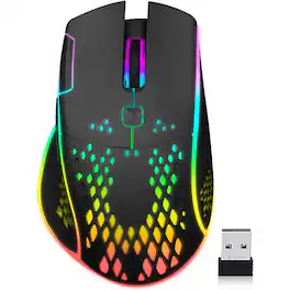 SKRAN - Wireless Gaming Mouse, Honeycomb Design with RGB Lights & Adjustable DPI-Silent Rechargeable for Gaming Office - PC Mac - Wireless - Black