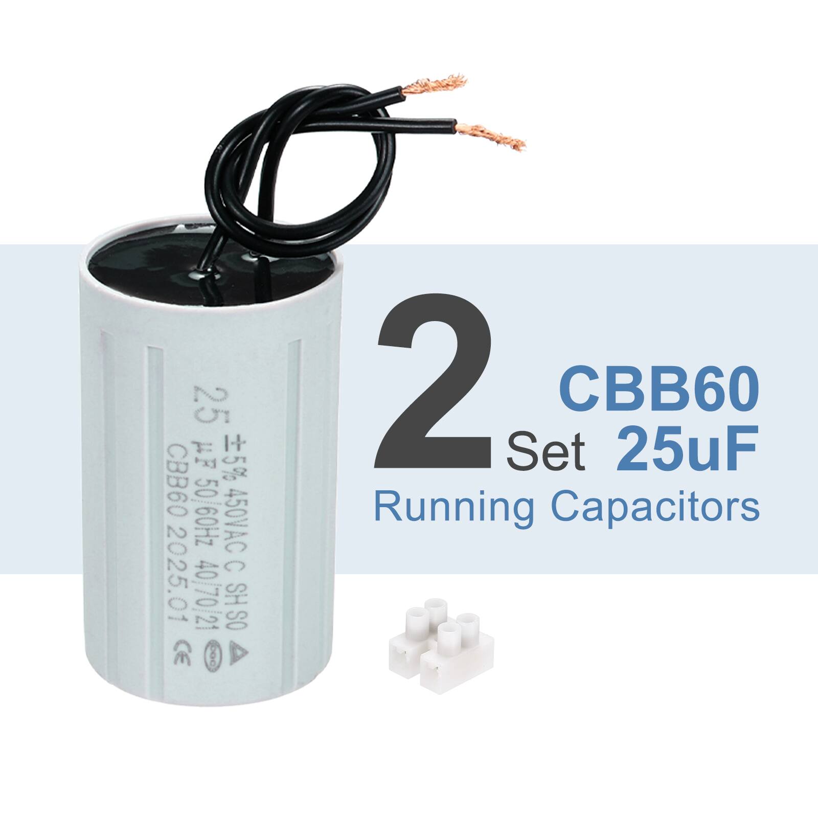 2 Set CBB60 25uF Running Capacitors  
25 UF 5% CBB60 20909 450VAC C 2025.01 4070/21 SH SO 21 CE CH0
