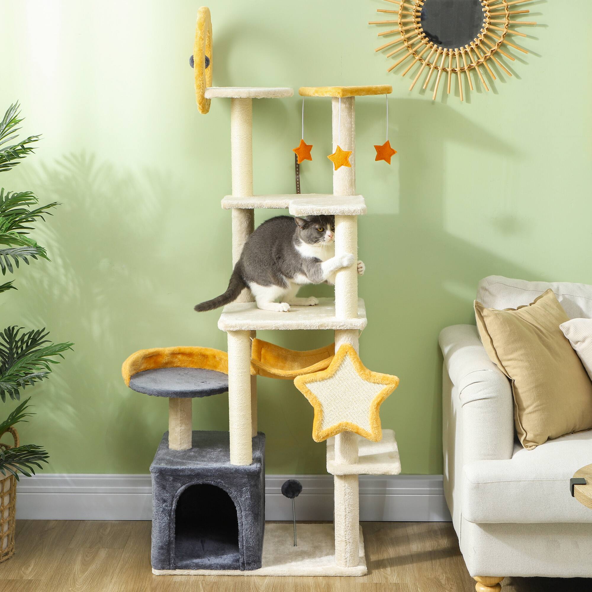 Angle. Pawhut - 63" Cat Tower for Large Adult Indoor Cats, Moon and Star Themed with Scratching Post, Hammock, Condo, Bed, Board & Toys - Beige.