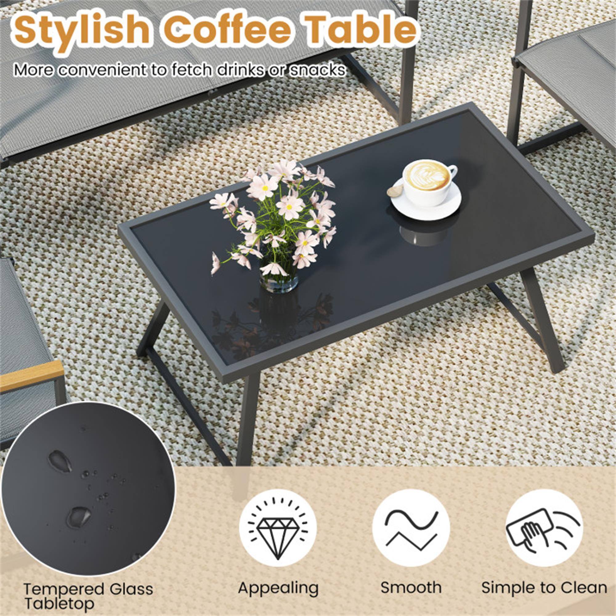 Stylish Coffee Table  
More convenient to fetch drinks or snacks  

- Tempered Glass Tabletop  
- Appealing  
- Smooth  
- Simple to Clean
