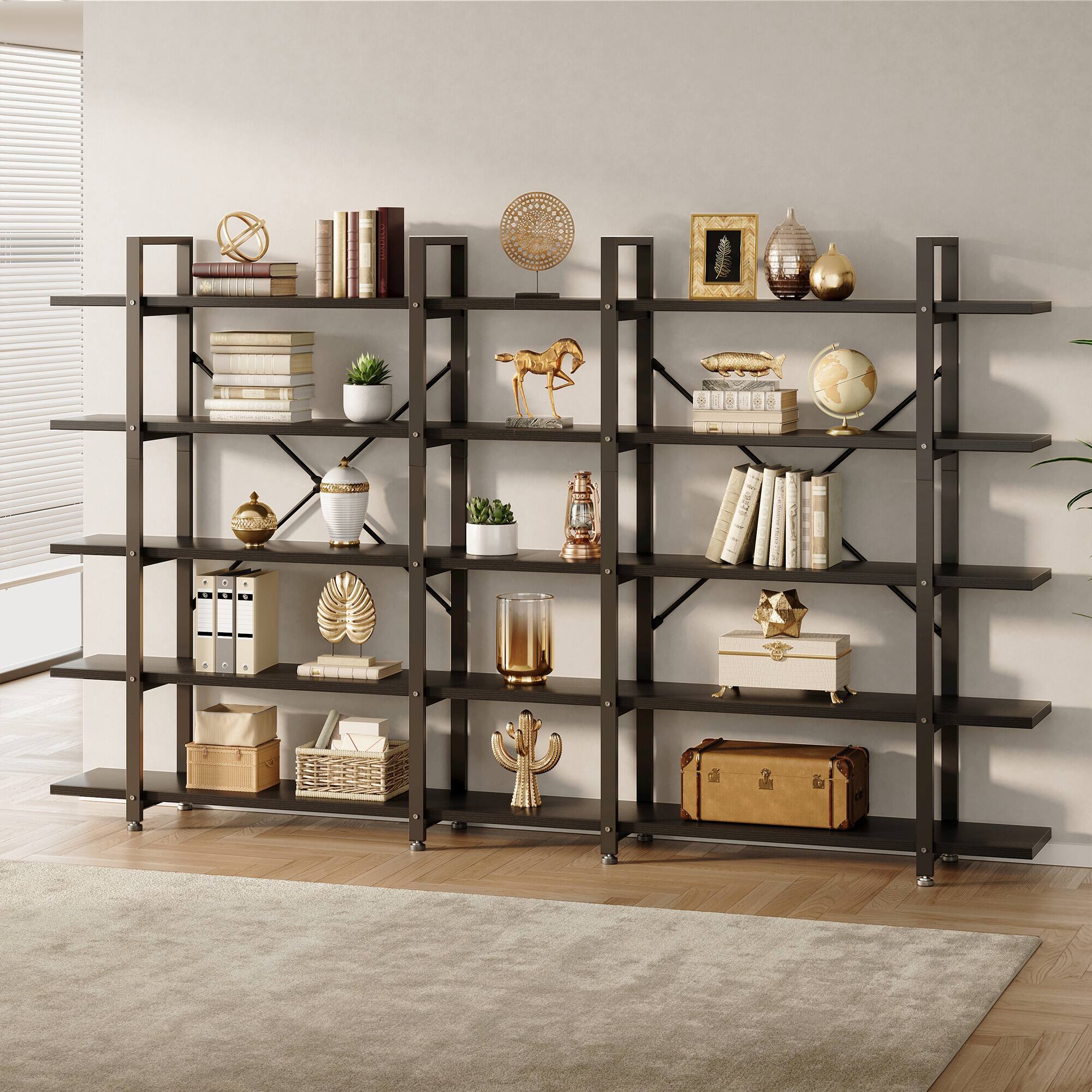 Alt View 2. AODK - 69" Tall 5-Tier Industrial Wood Bookcase, 43" Wide Vintage Etagere Bookshelf with Metal Frame, Open Display Storage Rack - Black.