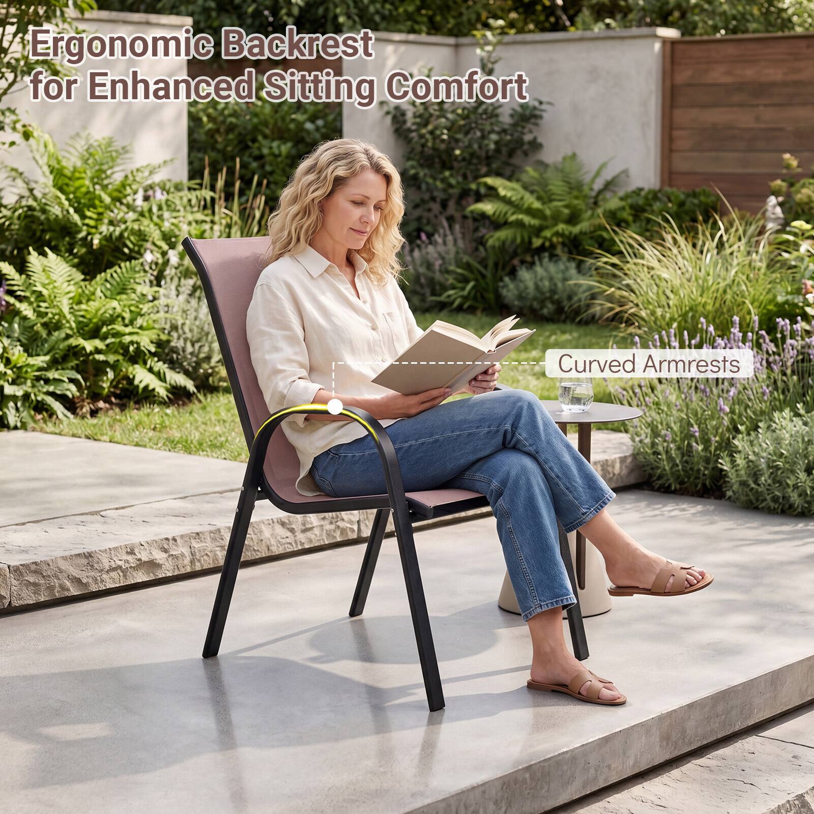 Ergonomic Backrest for Enhanced Sitting Comfort  
Curved Armrests