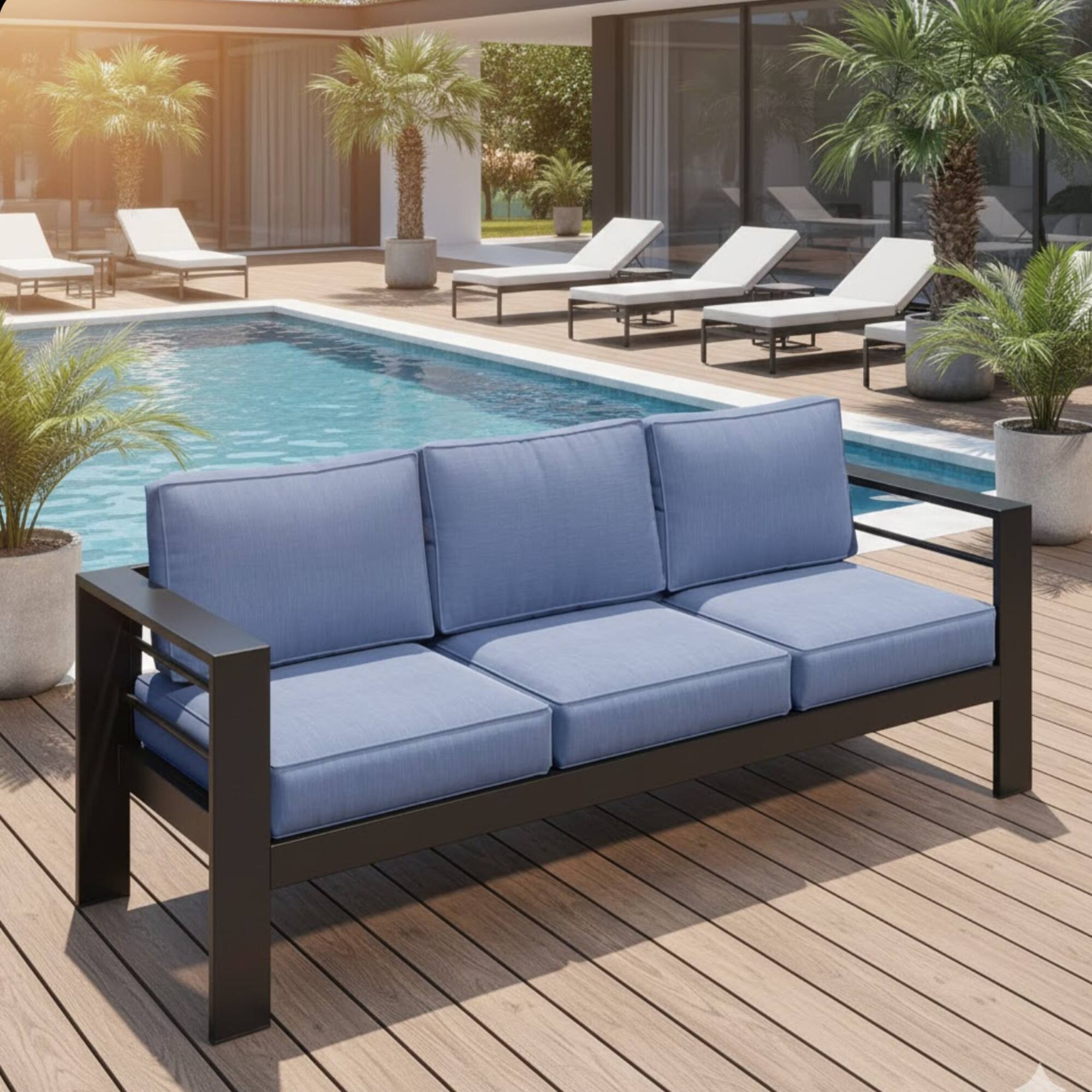Angle. Mondawe - 73" 3 Seat Outdoor Aluminum Patio Sofa with Cushions - Black+Blue.