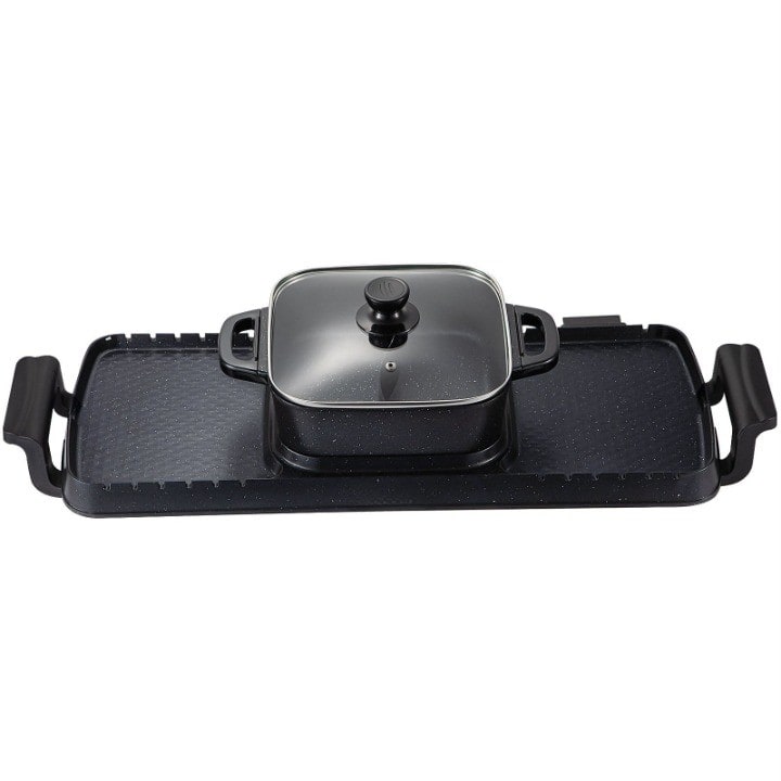 Mirfee - 2-in-1 Electric Grill and Hot Pot, 2400W Simultaneous Cooking, Dual Temp Control, Smokeless Nonstick Surface - Black