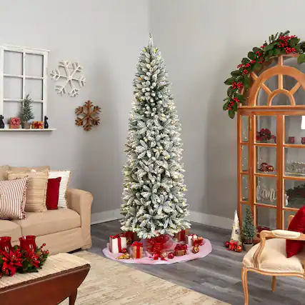 Front. BreeBe - 8’ Slim Montreal Xmas Tree with 1348 Tips and 400 Lights - Green, White.