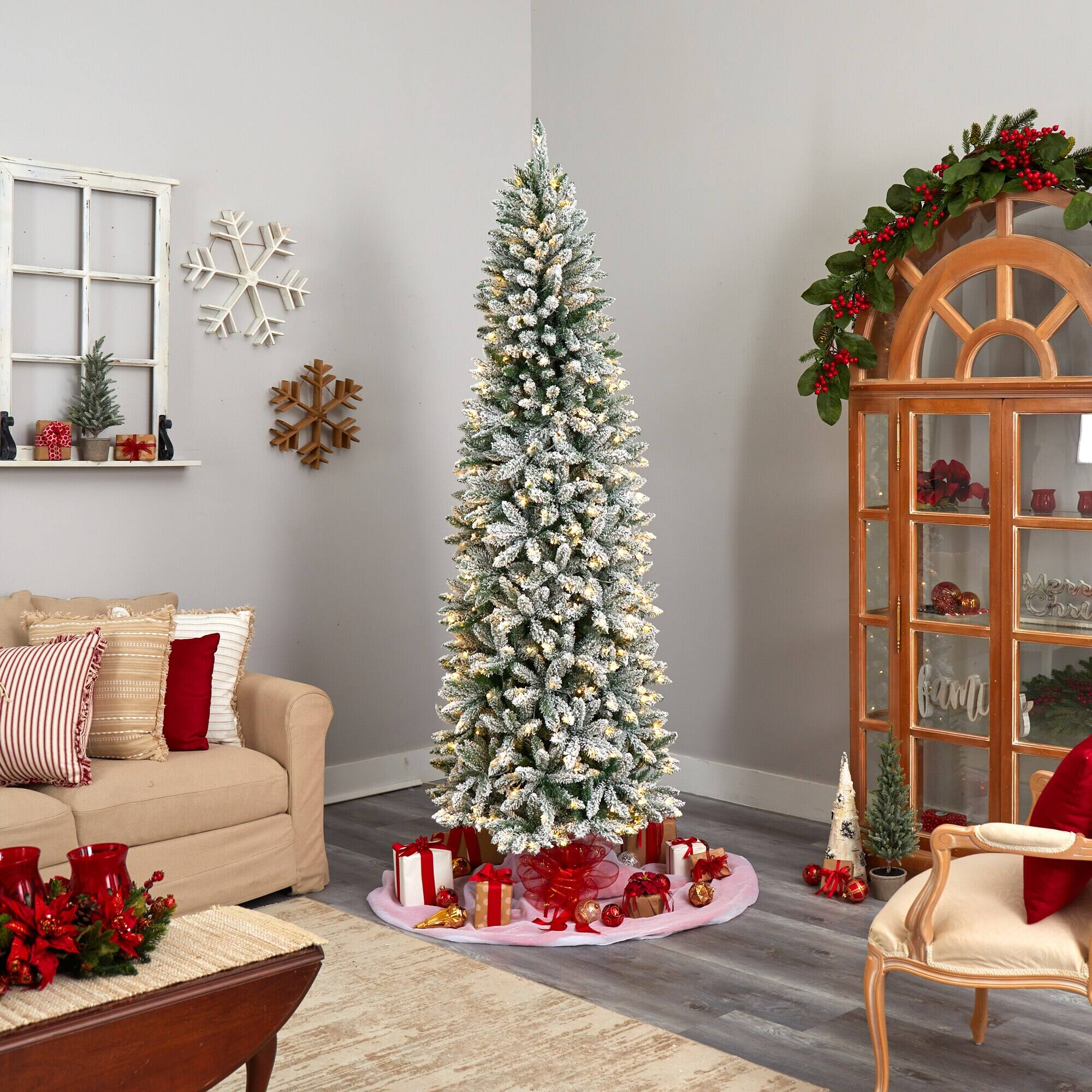 Front. BreeBe - 8’ Slim Montreal Xmas Tree with 1348 Tips and 400 Lights - Green, White.