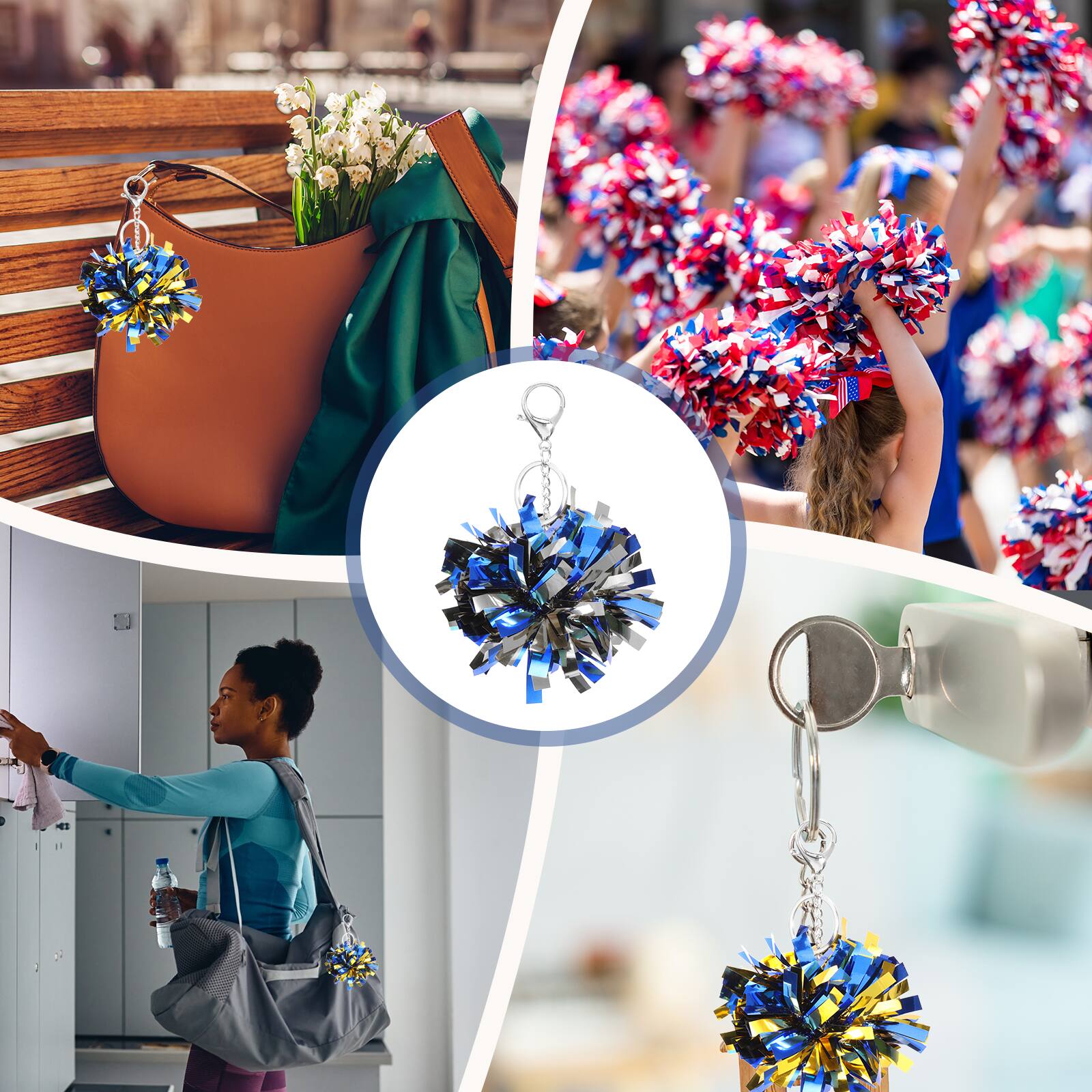 Alt View 5. Unique Bargains - 20pcs Cheer Pom Pom Keychain, Plastic Keyring Bulk for Cheerleaders Team Women Sports Events - Blue/Silver Tone.