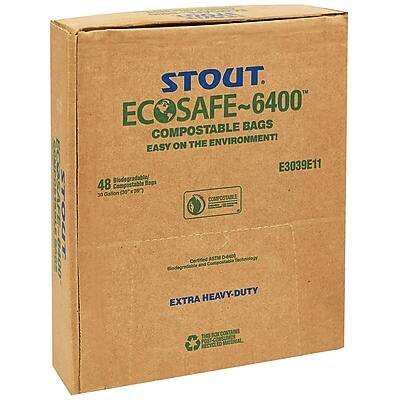 STOUT ECOSAFE~6400  
COMPOSTABLE BAGS  
EASY ON THE ENVIRONMENT!  

E3039E11  

48 Gallon Compostable Bags  
30 Bags per Box (200 Bags)  

ASTM D6400 Compostable  
EN 13432 Compostable  

EXTRA HEAVY-DUTY  

Certified Compostable by BPI  
Certified Compostable by TÜV Austria  

RECYCLABLE