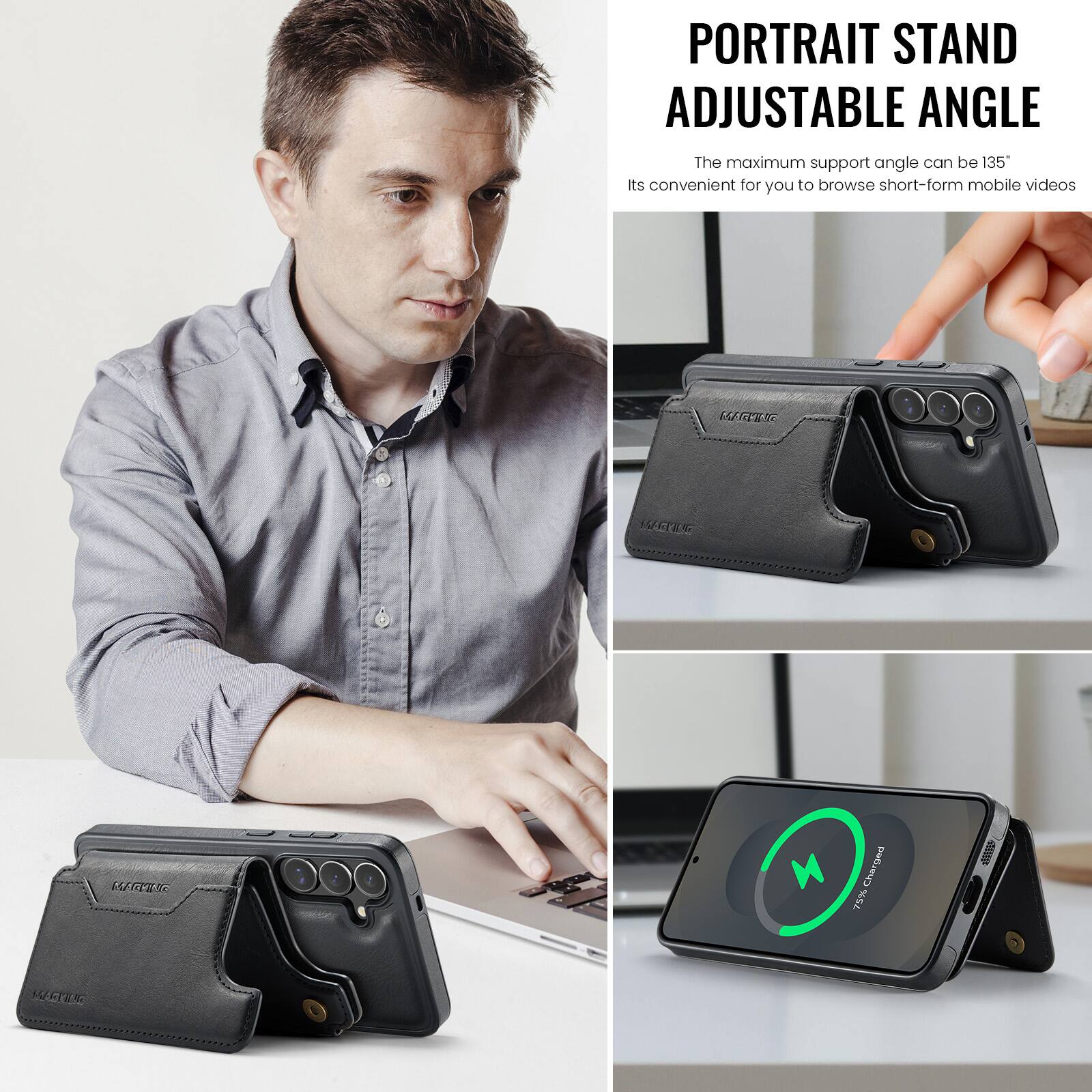 PORTRAIT STAND ADJUSTABLE ANGLE  
The maximum support angle can be 135°  
Its convenient for you to browse short-form mobile videos  

WIZS 10 W  
Charged 75%