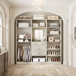 Aheaplus - 75'' Wide Walk-in Closet Organizer System, All-in-One Storage System with Drawers, Hanging Rods and Shelves - Beige Oak