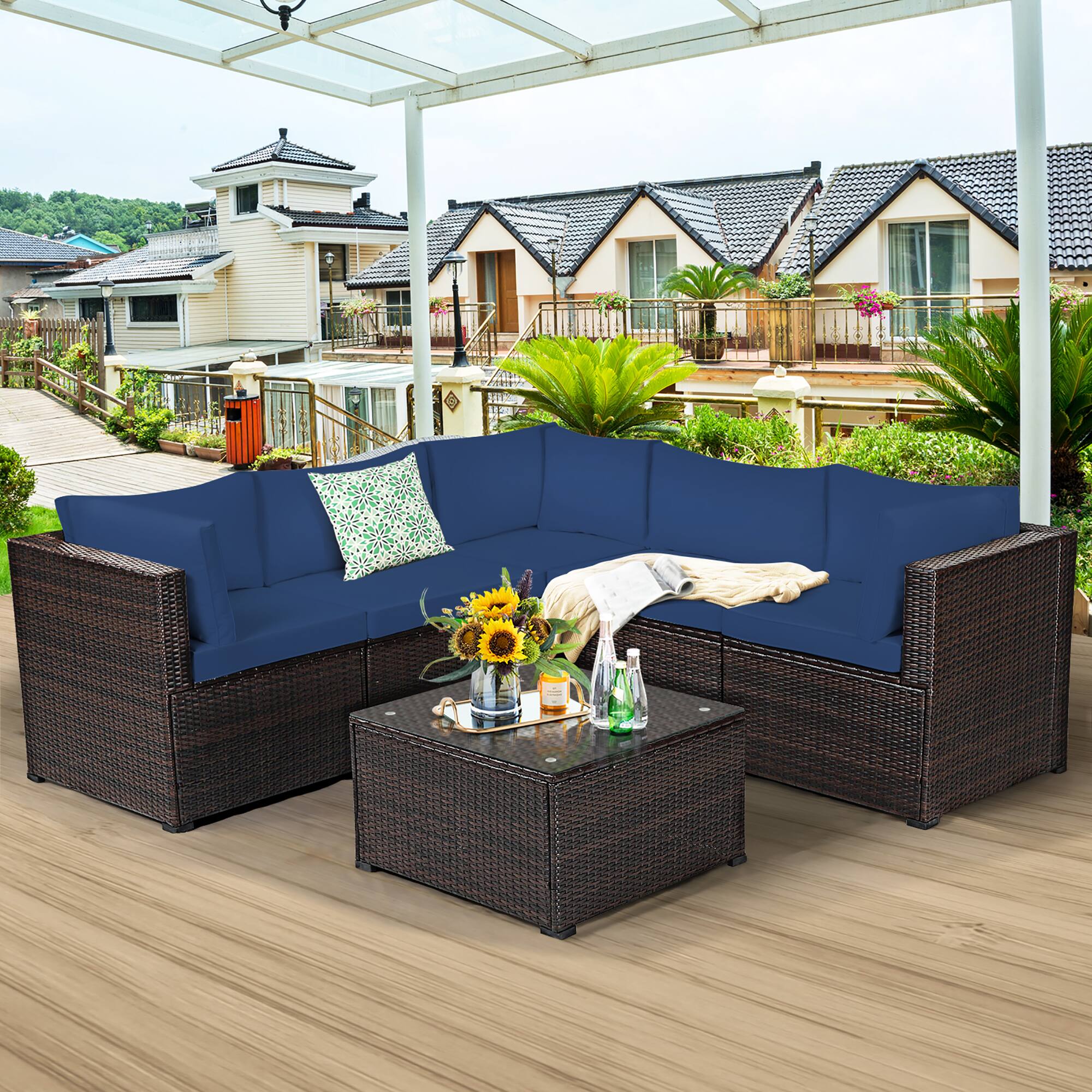 Alt View 1. Costway - Costway 6PCS Patio Rattan Furniture Set Sectional Cushioned Sofa Deck - Navy.