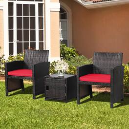 Gymax - 3PCS Patio PE Rattan Conversation Furniture Set Bistro Set w/ Waterproof Cover - Red