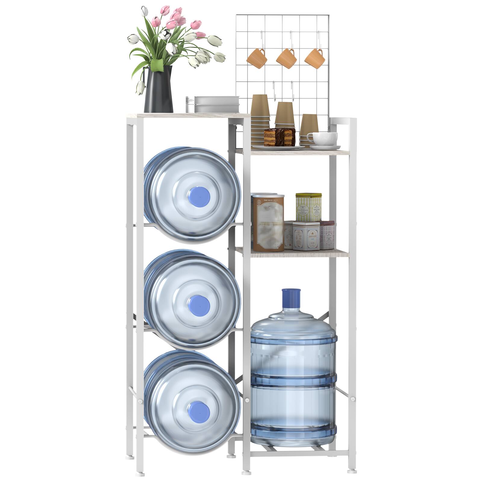 Alt View 1. Oumilen - Water Bar Table with Built-in Water Jug Rack, White Metal Frame & Grey Oak Board - Gray.
