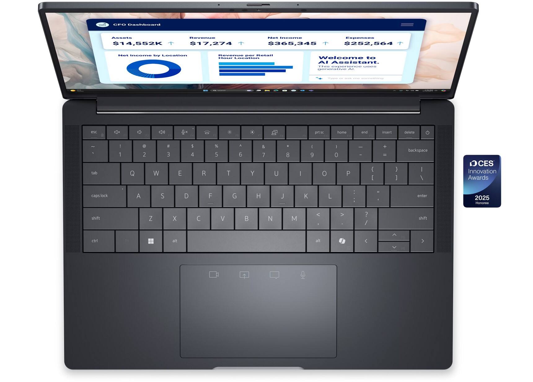 CFO Dashboard

Assets $14,552K

Revenue $17,274

Net Income $365,345

Expenses $252,564

Net Income by Location

Revenue per Retail

Welcome to AI Assistant

CES Innovation Awards 2025 Honoree