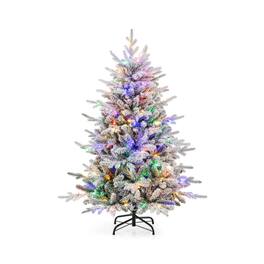 WELLFOR - 4.5ft Pre‑Lit Artificial Christmas Tree, Snow‑Flocked PE‑PVC Hinged Xmas Tree with 436 Branch Tips &160 LED Lights - Green & White