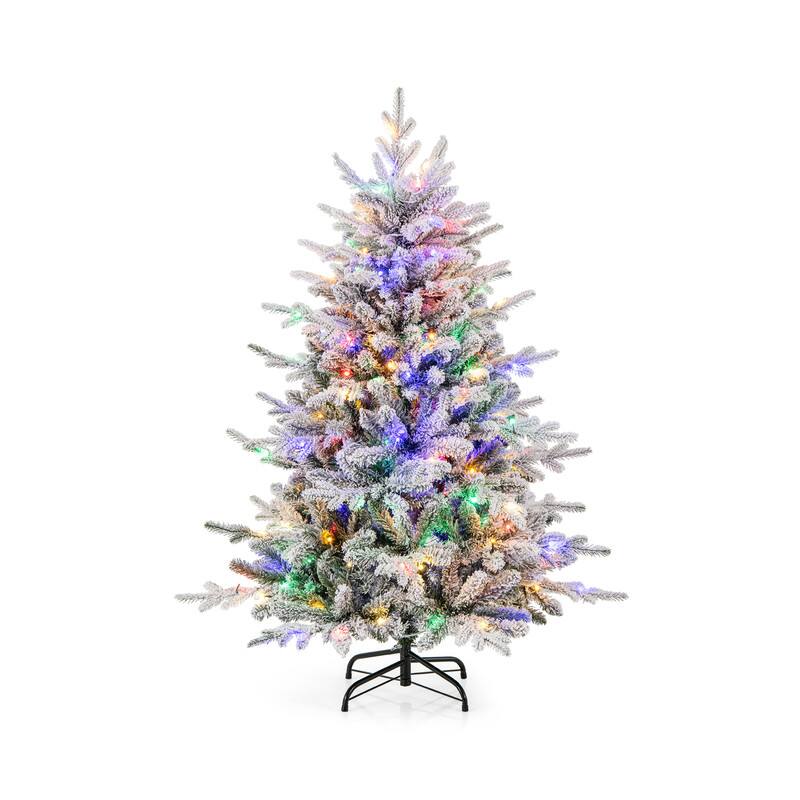Front. WELLFOR - 4.5ft Pre‑Lit Artificial Christmas Tree, Snow‑Flocked PE‑PVC Hinged Xmas Tree with 436 Branch Tips &160 LED Lights - Green & White.