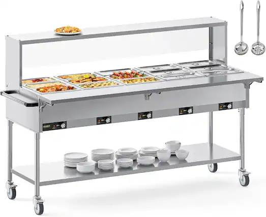Front. Winado - 120QT Electric Commercial Food Warmer 2500W, 15-Pan Steam Table 8QT/Pan Stainless Steel Bain Marie w/Overshelf Undershel - Silver.