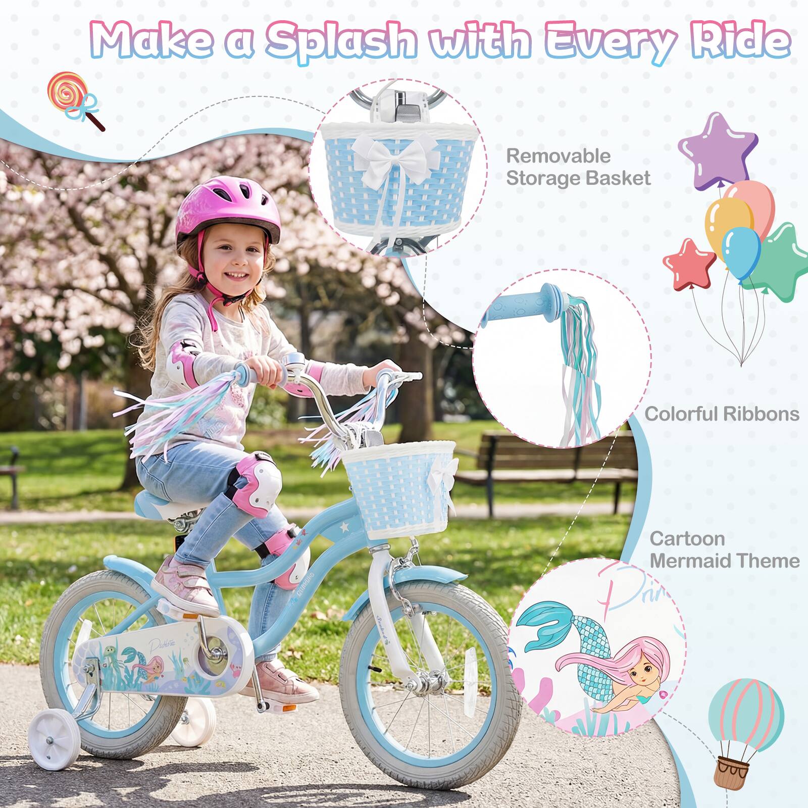 Make a Splash with Every Ride

- Removable Storage Basket
- Colorful Ribbons
- Cartoon Mermaid Theme