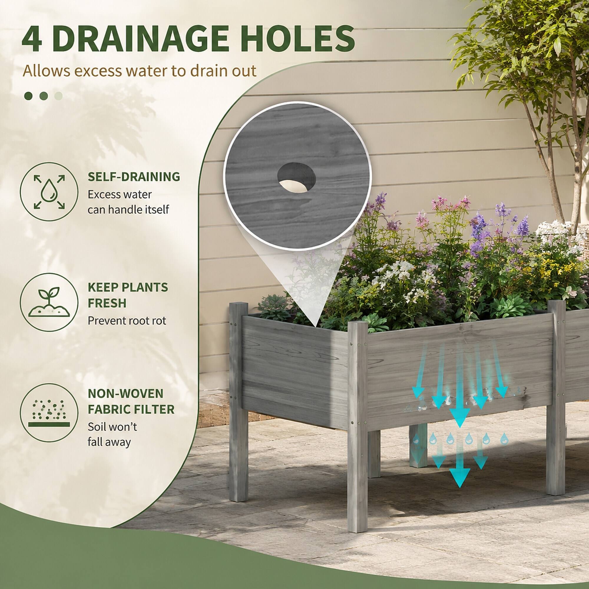 4 DRAINAGE HOLES  
Allows excess water to drain out

SELF-DRAINING  
Excess water can handle itself

KEEP PLANTS FRESH  
Prevent root rot

NON-WOVEN FABRIC FILTER  
Soil won't fall away