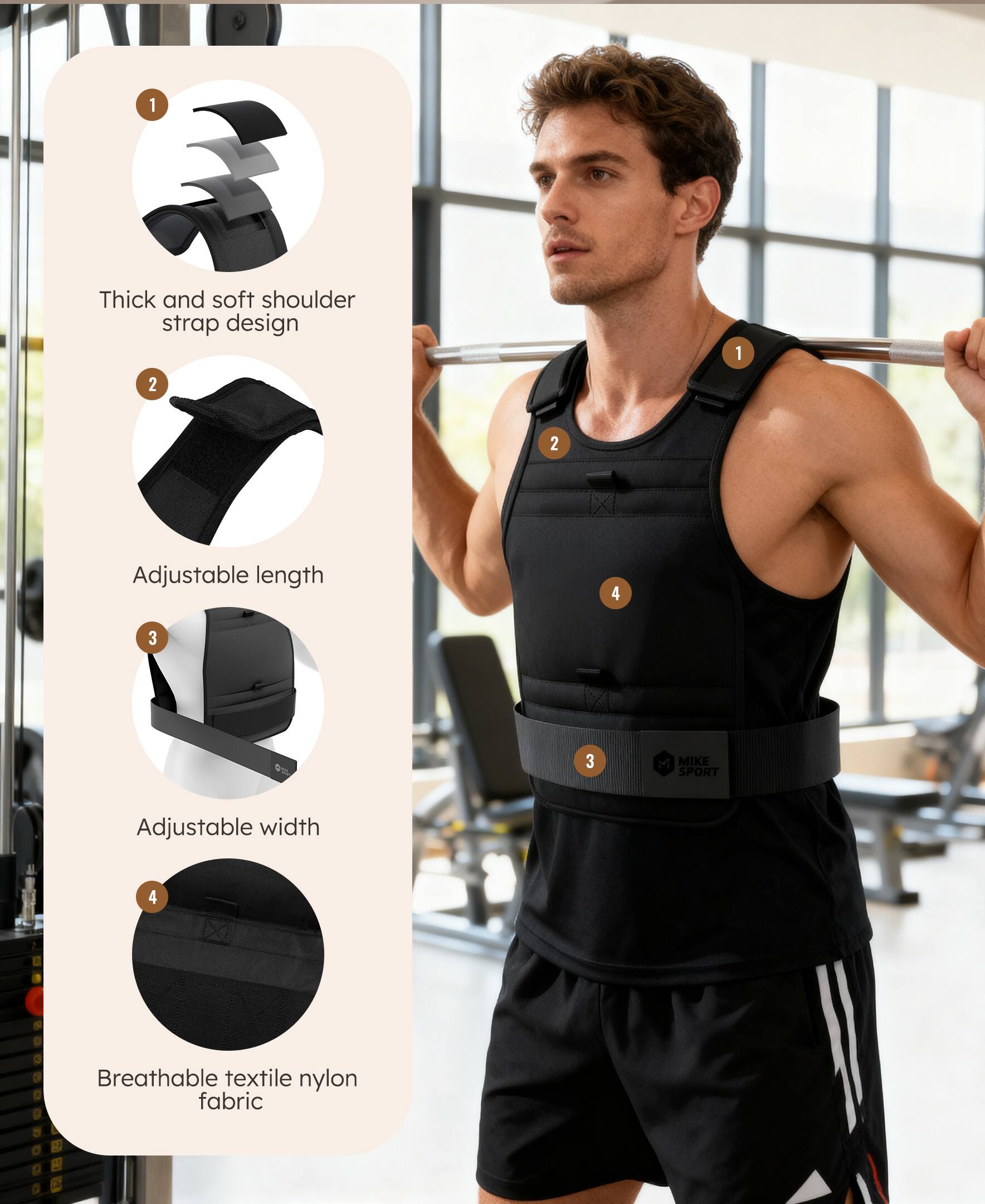 1. Thick and soft shoulder strap design  
2. Adjustable length  
3. Adjustable width  
4. Breathable textile nylon fabric