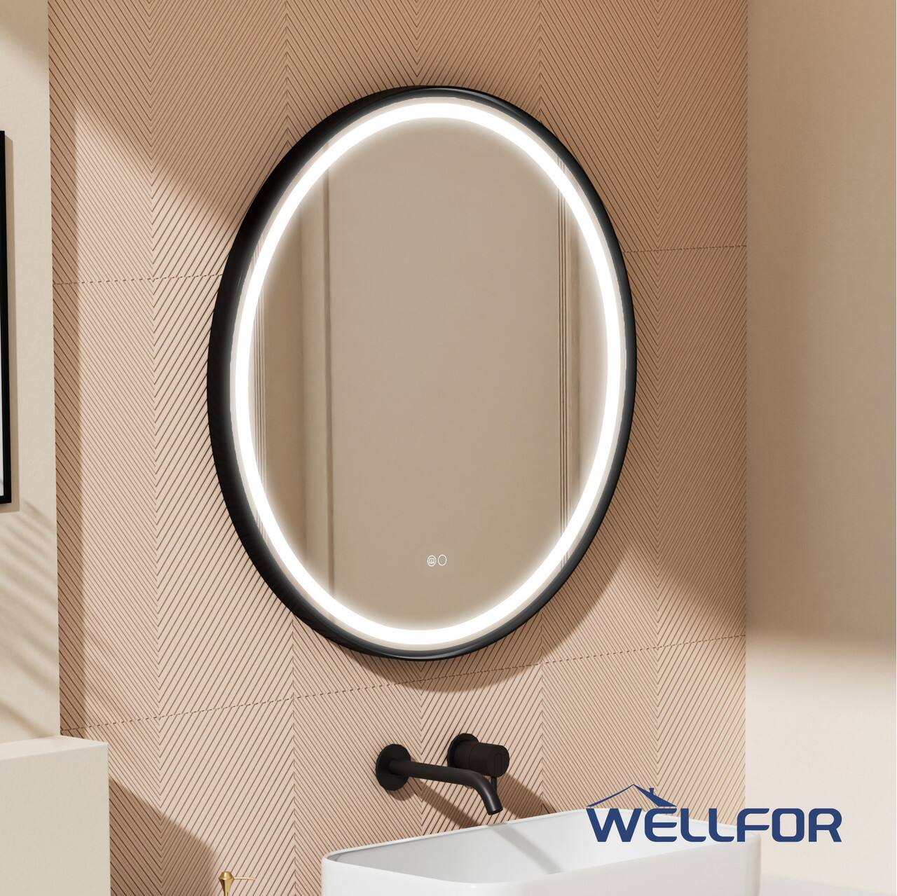 Left. WELLFOR - 32 in Framed Round LED Bathroom Mirror, Anti-Fog Wall-Mounted Vanity Mirror with Dimmable& Memory Function - Matte Black.