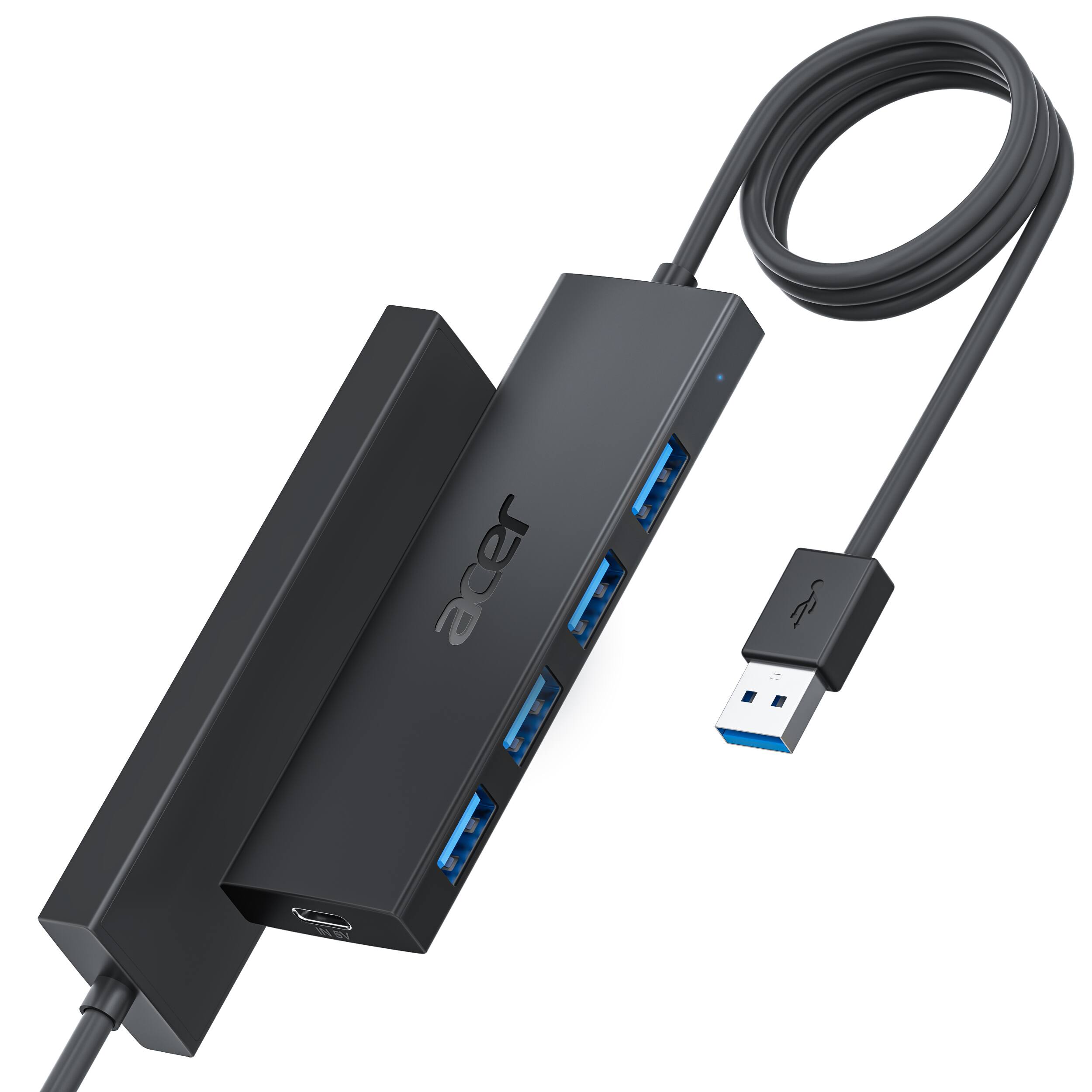 Angle. Acer - USB Hub 4 Ports, Multiple USB 3.0 Hub, USBA Splitter with Type C Power Port, Extender for Laptop, PC  and More (4ft) - black.
