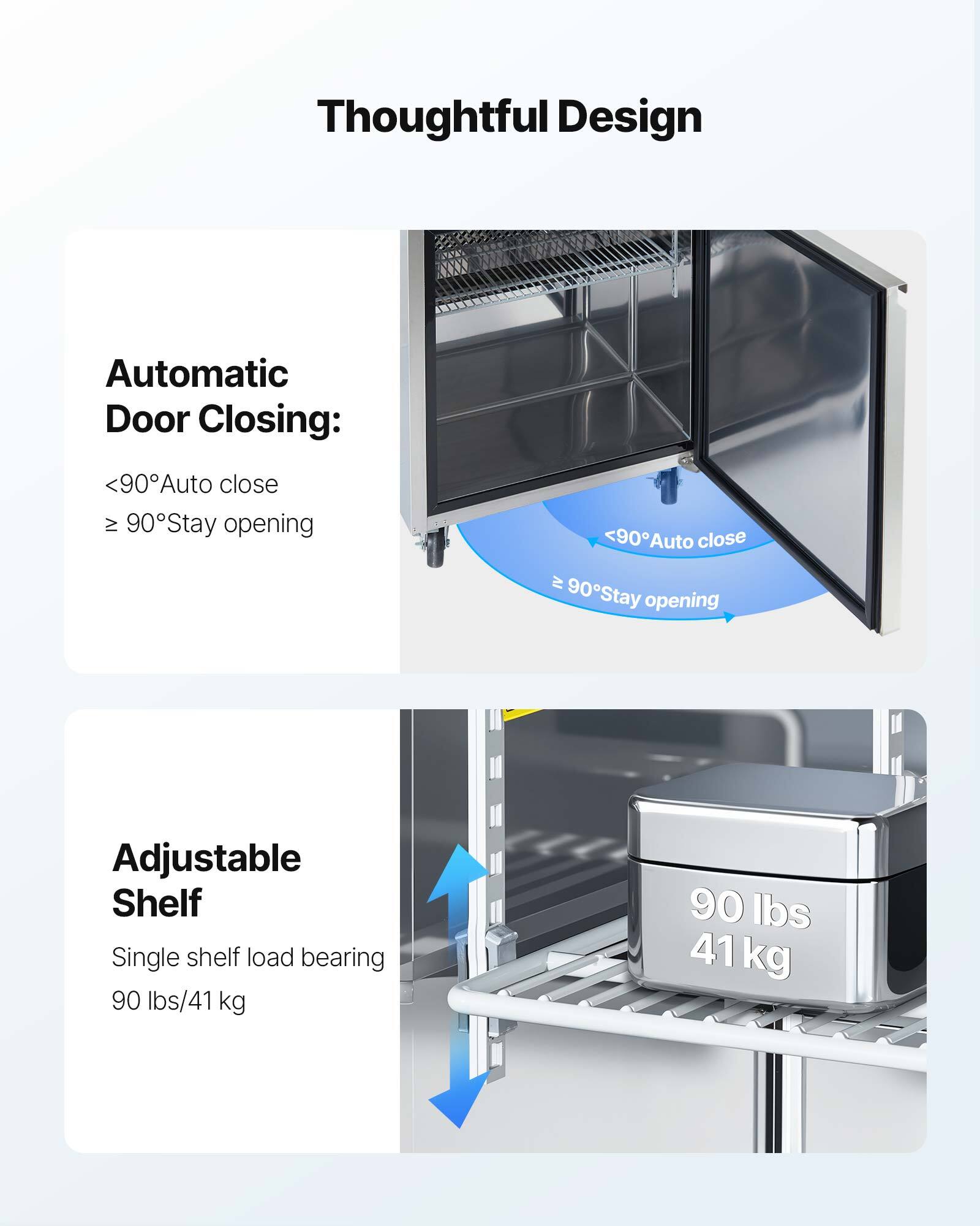 Thoughtful Design

Automatic Door Closing:
<90° Auto close
≥ 90° Stay opening

Adjustable Shelf
Single shelf load bearing
90 lbs/41 kg