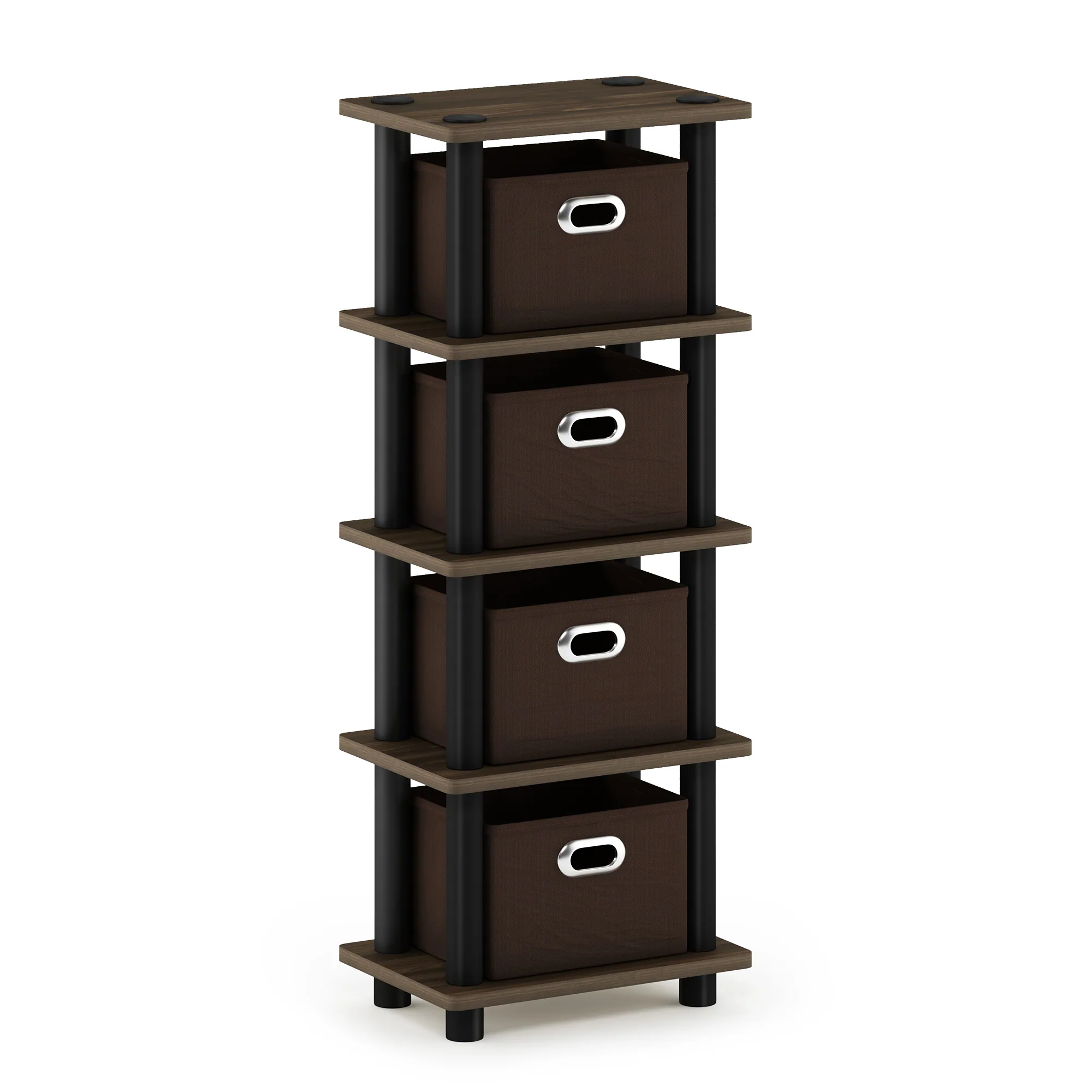 Furinno - Turn-N-Tube 4-Bins System Rack, Columbia Walnut/Black/Dark Brown - Columbia Walnut/Black/Dark Brown