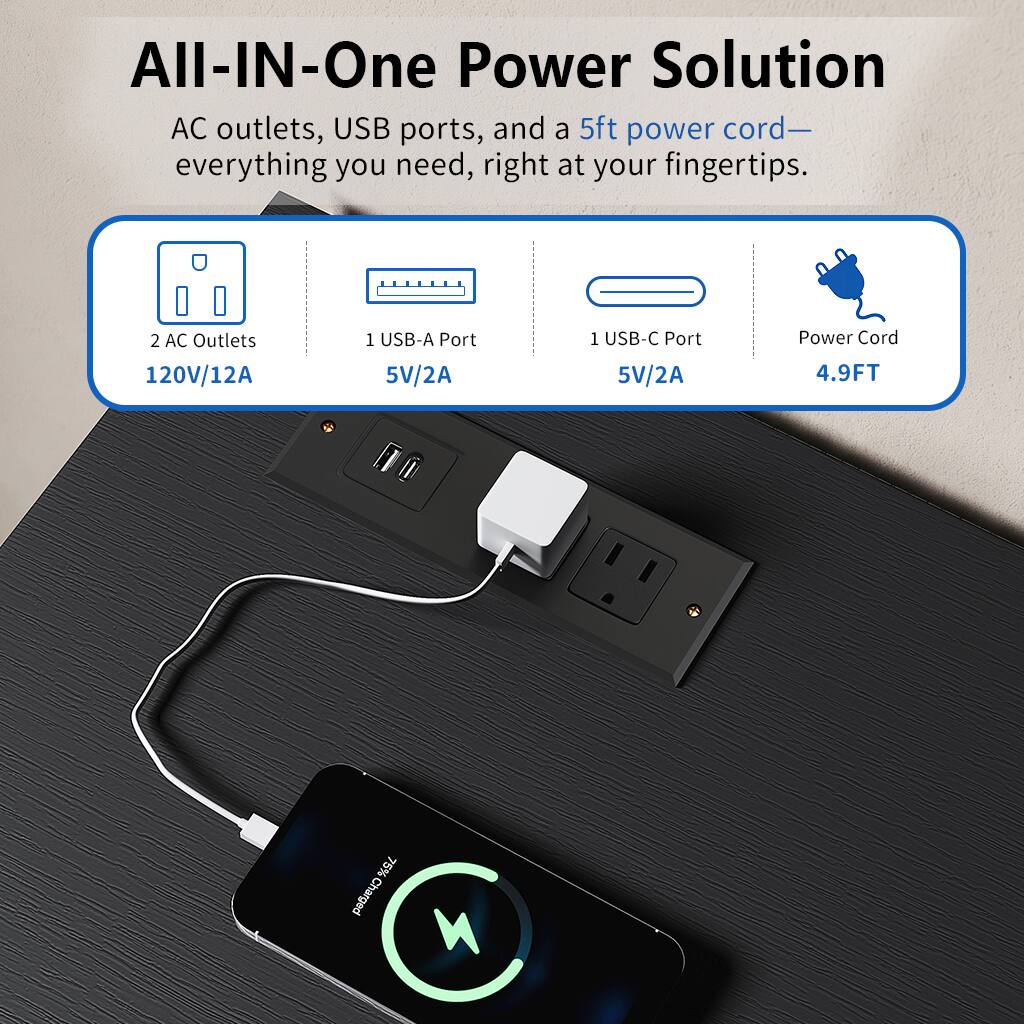All-IN-One Power Solution

AC outlets, USB ports, and a 5ft power cord—everything you need, right at your fingertips.

- 2 AC Outlets 120V/12A
- 1 USB-A Port 5V/2A
- 1 USB-C Port 5V/2A
- Power Cord 4.9FT