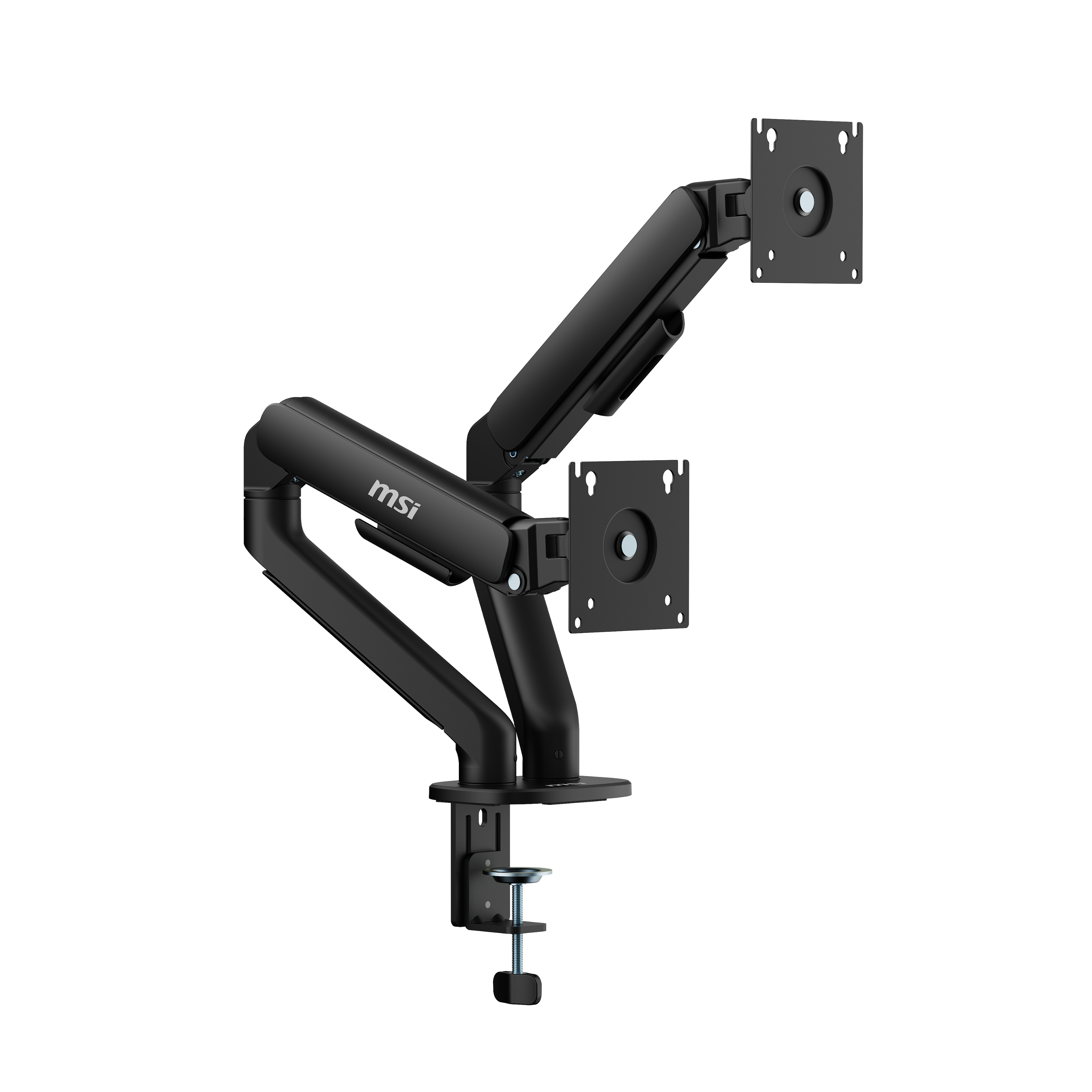 Left. MSI - MSI MAG MT101D - Dual Monitor Stand, 17-32" 22 lbs, VESA, Gas Spring, Clamp/Grommet, Quick Release - Black - Matte Black.