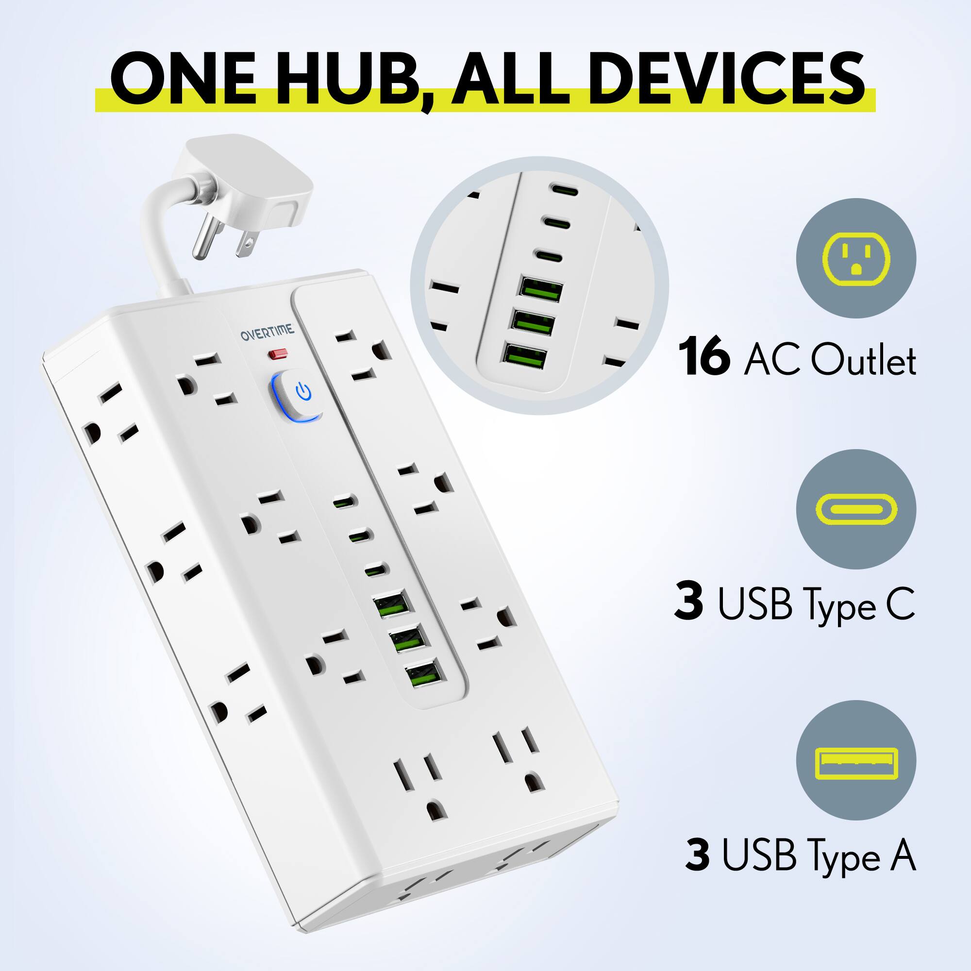 ONE HUB, ALL DEVICES

16 AC Outlet

3 USB Type C

3 USB Type A