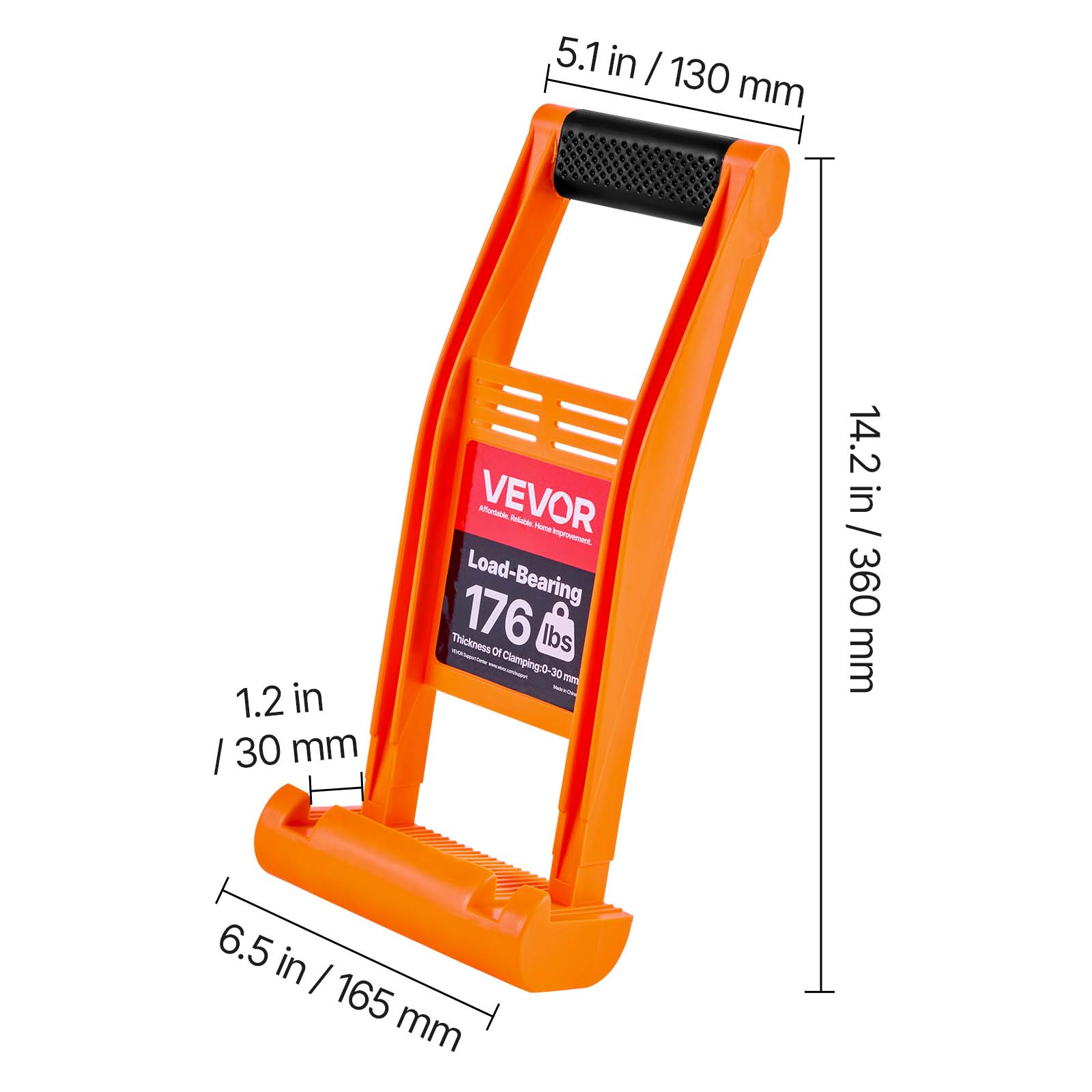 5.1 in / 130 mm  
1.2 in / 30 mm  
VEVOR  
Load-Bearing: 176 lbs  
Clamping: 0 - 30 mm  
14.2 in / 360 mm  
6.5 in / 165 mm