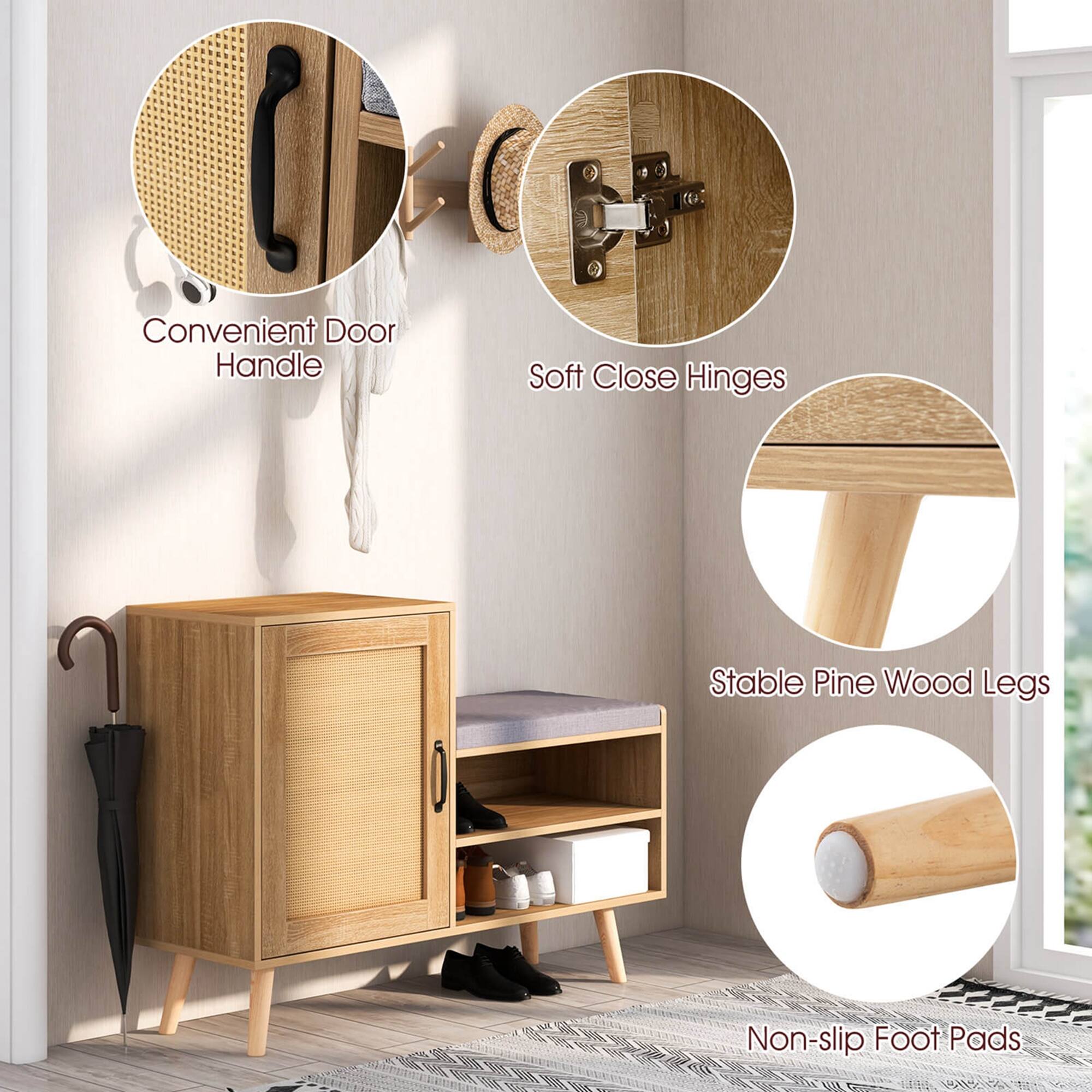 The text on the image is grouped as follows:

1. Convenient Door Handle: This feature allows for easy access to the drawer and cabinet.
2. Soft Close Hinges: These hinges prevent the cabinet doors from slamming shut, reducing noise and wear.
3. Stable Pine Wood Legs: The legs provide stability and support for the cabinet.
4. Non-slip Foot Pads: These pads prevent the cabinet from moving on the floor, ensuring it remains in place.
